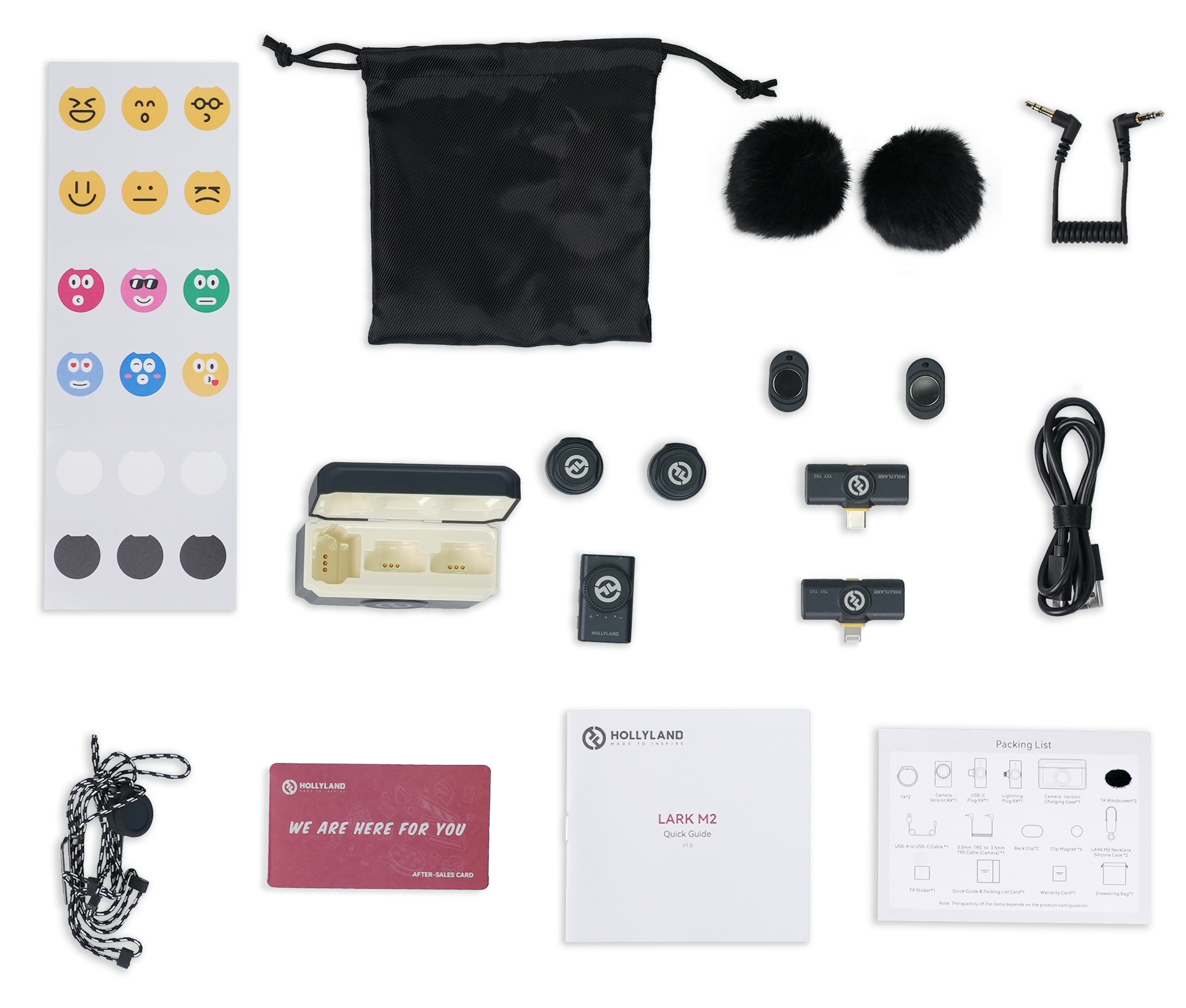 Zestaw produktów. Zawiera mikrofony, etui ładujące, naklejki, kable i krótki przewodnik na białym tle.