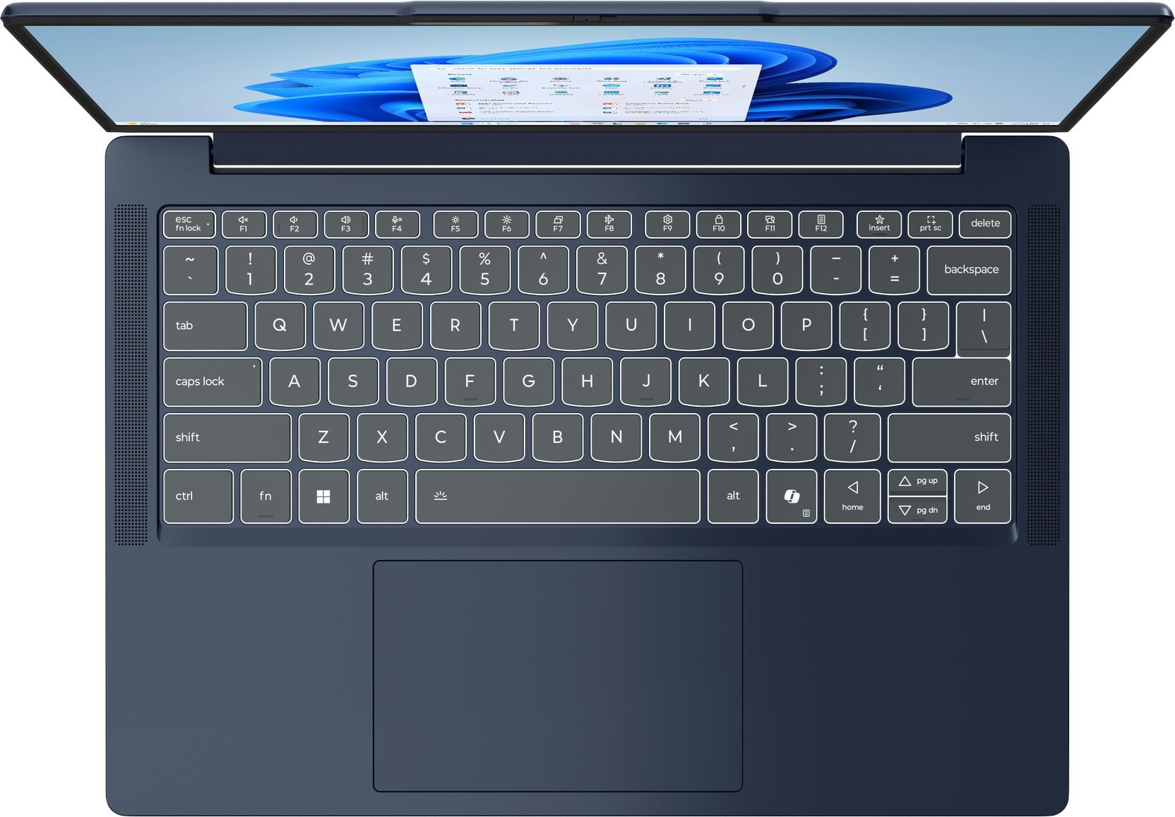 Ein marineblauer Laptop ist geöffnet. Die Tastatur ist sichtbar, zusammen mit dem Bildschirm, der eine Webseite anzeigt.