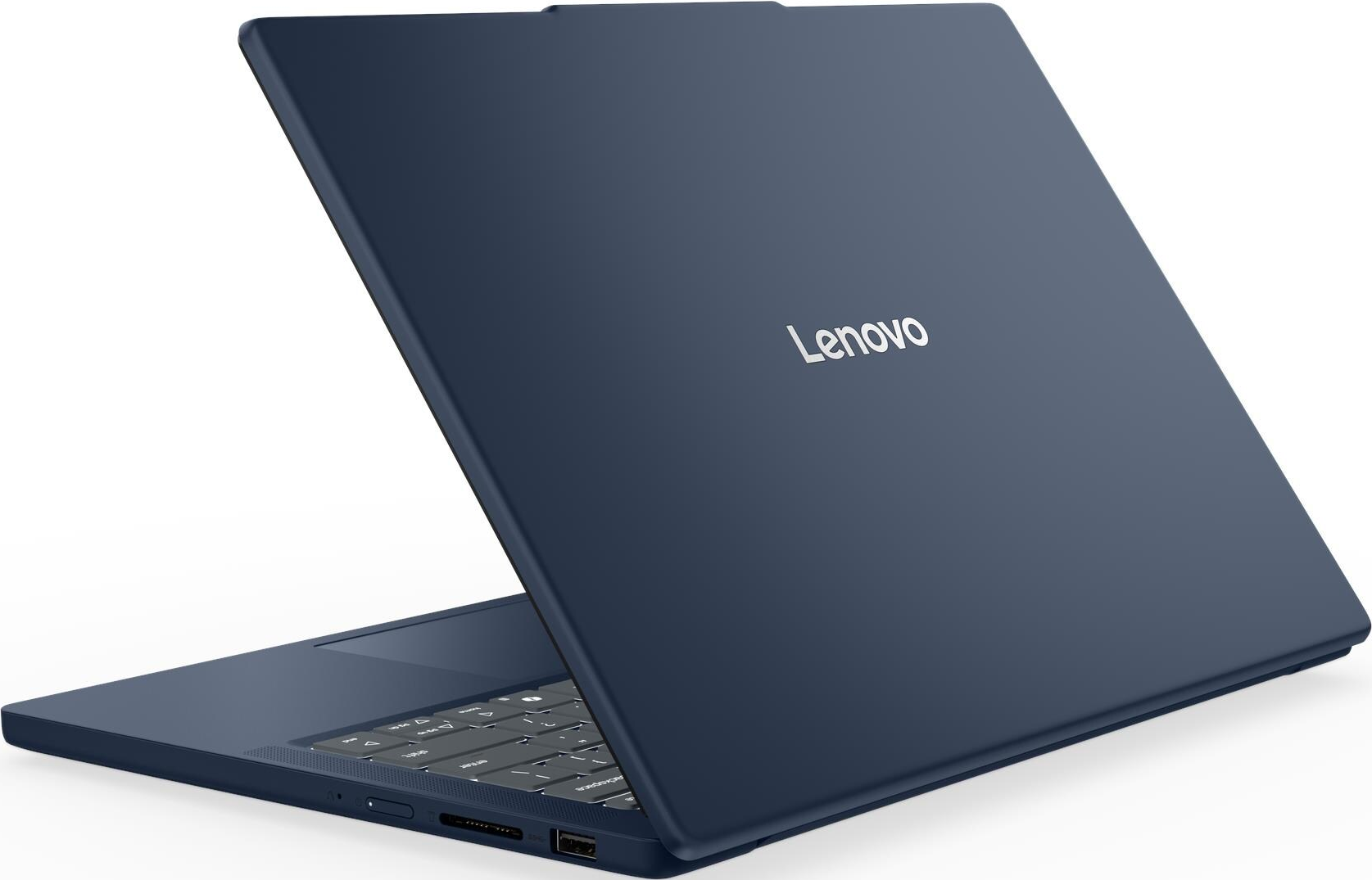 Ein marineblauer Lenovo-Laptop ist teilweise geöffnet. Die Tastatur ist sichtbar, das Lenovo-Logo auf dem Deckel.