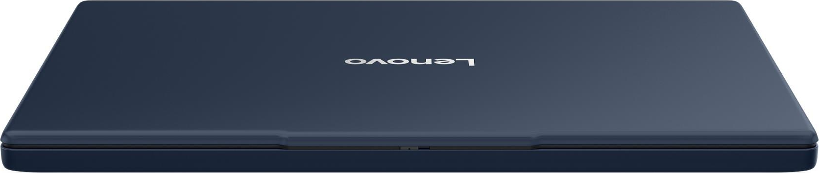 Ein geschlossenes, marineblaues Lenovo-Laptop befindet sich auf einer weißen Oberfläche. Das Lenovo-Logo ist sichtbar.