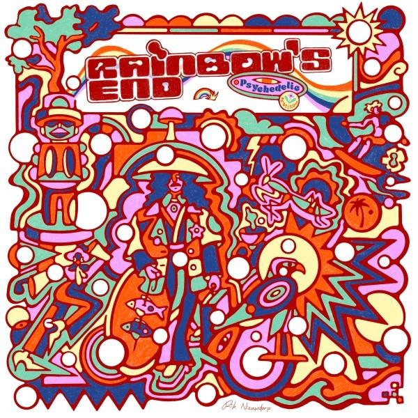 Psychedelisches Kunstwerk mit einer Person unter einem Schirm, Text "Rainbow's End", einer Sonne und verschiedenen bunten Formen.