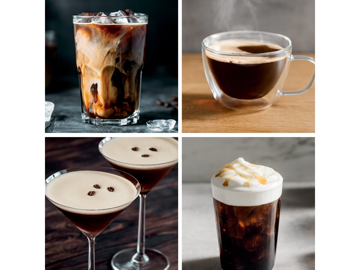 Cztery napoje kawowe. Kawa mrożona z mlekiem, kawa w szklanym kubku, martini espresso i kawa z bitą śmietaną i karmelem.