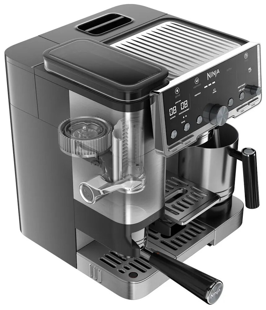 Ekspres do kawy Ninja w kolorze szarym i czarnym. Posiada wyświetlacz cyfrowy, dyszę do spieniania mleka i kolbę do espresso.