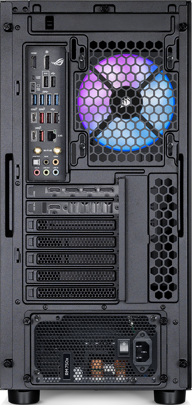 Rückseite eines PC-Gehäuses mit Anschlüssen, Lüfter und Netzteil. Merkmale sind HDMI, USB und ein Corsair-Lüfter mit RGB-Beleuchtung.