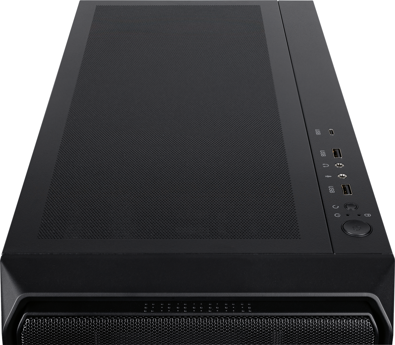 Ein schwarzes Computergehäuse. Sichtbar sind Oberseite, Vorderseite und Seitendetails, einschließlich Mesh-Front, Anschlüssen und Netzschalter.