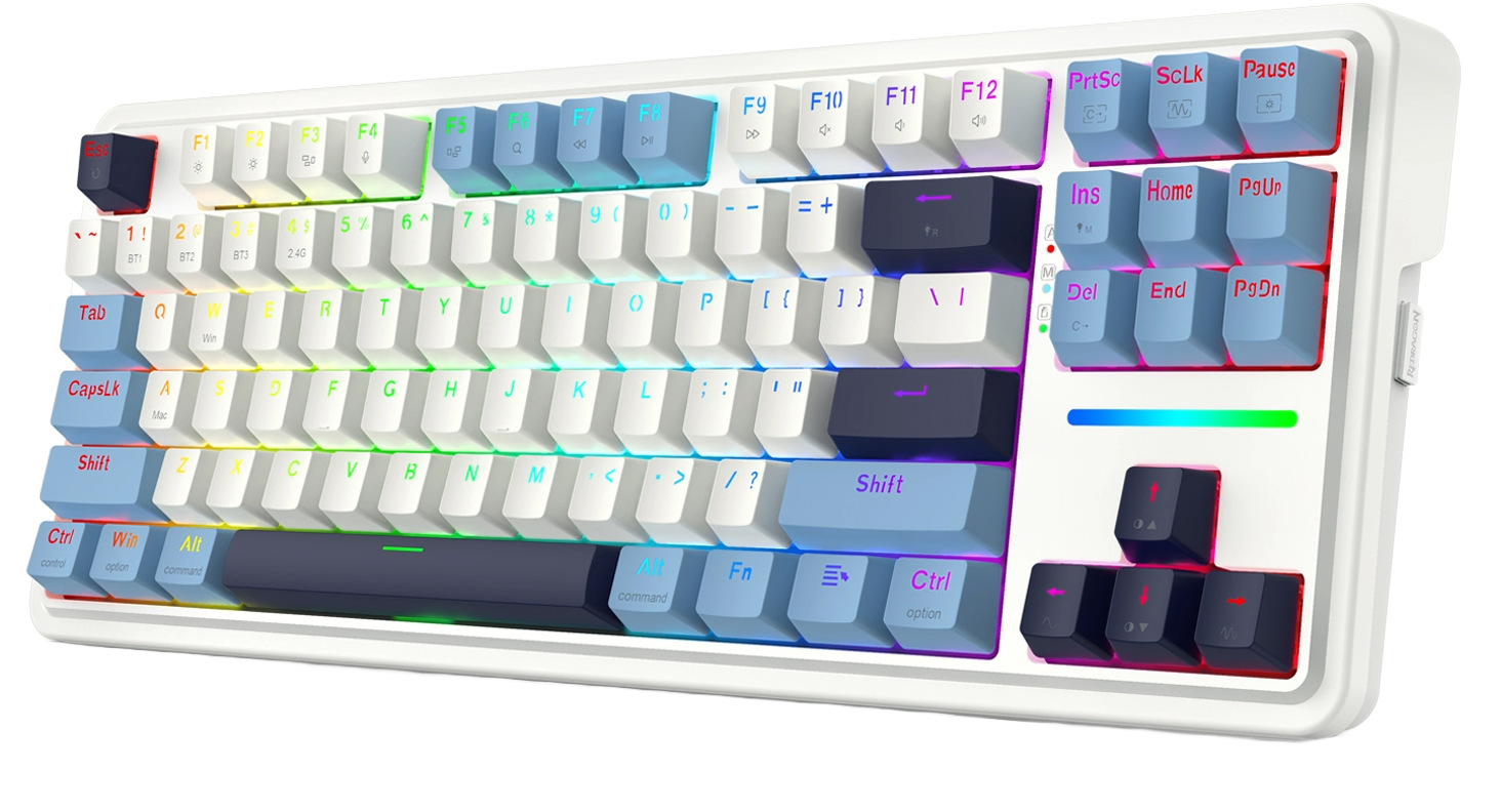 Biała klawiatura mechaniczna z wielokolorowymi klawiszami. Klawisze mają białe litery i tęczowe podświetlenie LED. Rama jest biała.