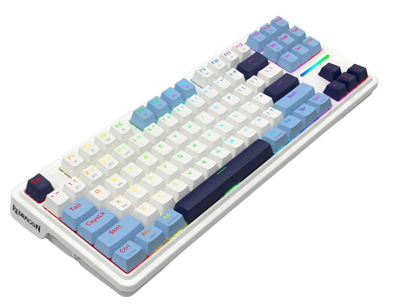 Biała klawiatura mechaniczna Redragon. Klawisze są białe, niebieskie i granatowe. Klawiatura jest pod kątem.