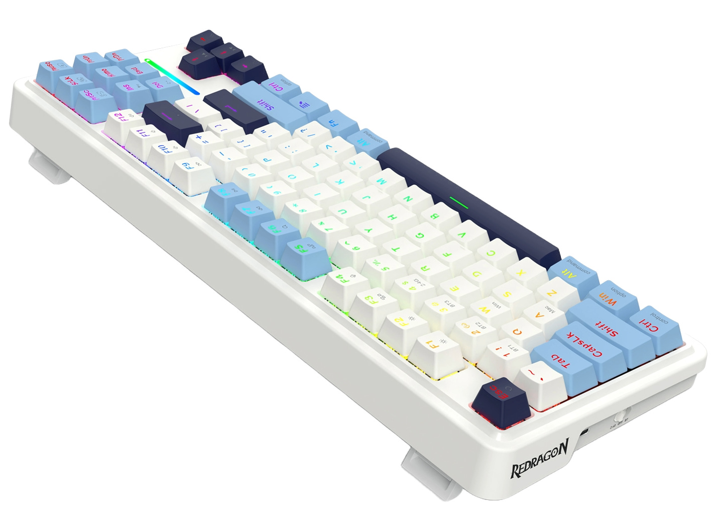 Biało-niebieska klawiatura mechaniczna. Ma białe i niebieskie nakładki na klawisze z literami i symbolami, a marką jest Redragon.