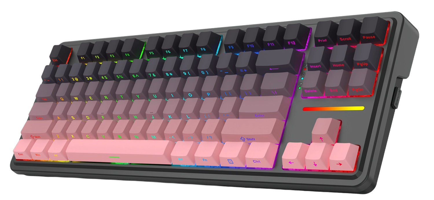 Klawiatura mechaniczna z różowymi i czarnymi klawiszami, wielokolorowym podświetleniem i szarą ramką.