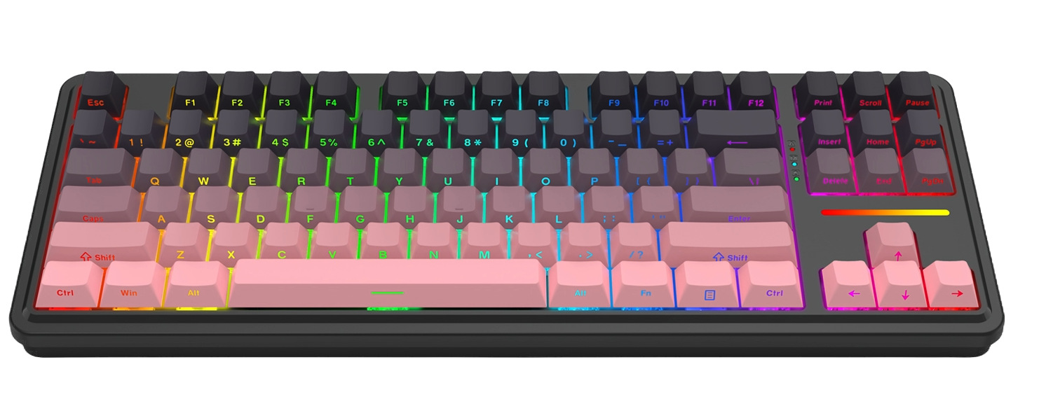 Czarna klawiatura mechaniczna z różowymi i szarymi klawiszami, podświetleniem i klawiszami funkcyjnymi.