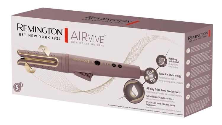 Pudełko z lokówką Remington AirVIVE. Posiada obrotową lufę i technologię jonizacji powietrza dla ochrony przed puszeniem się włosów.