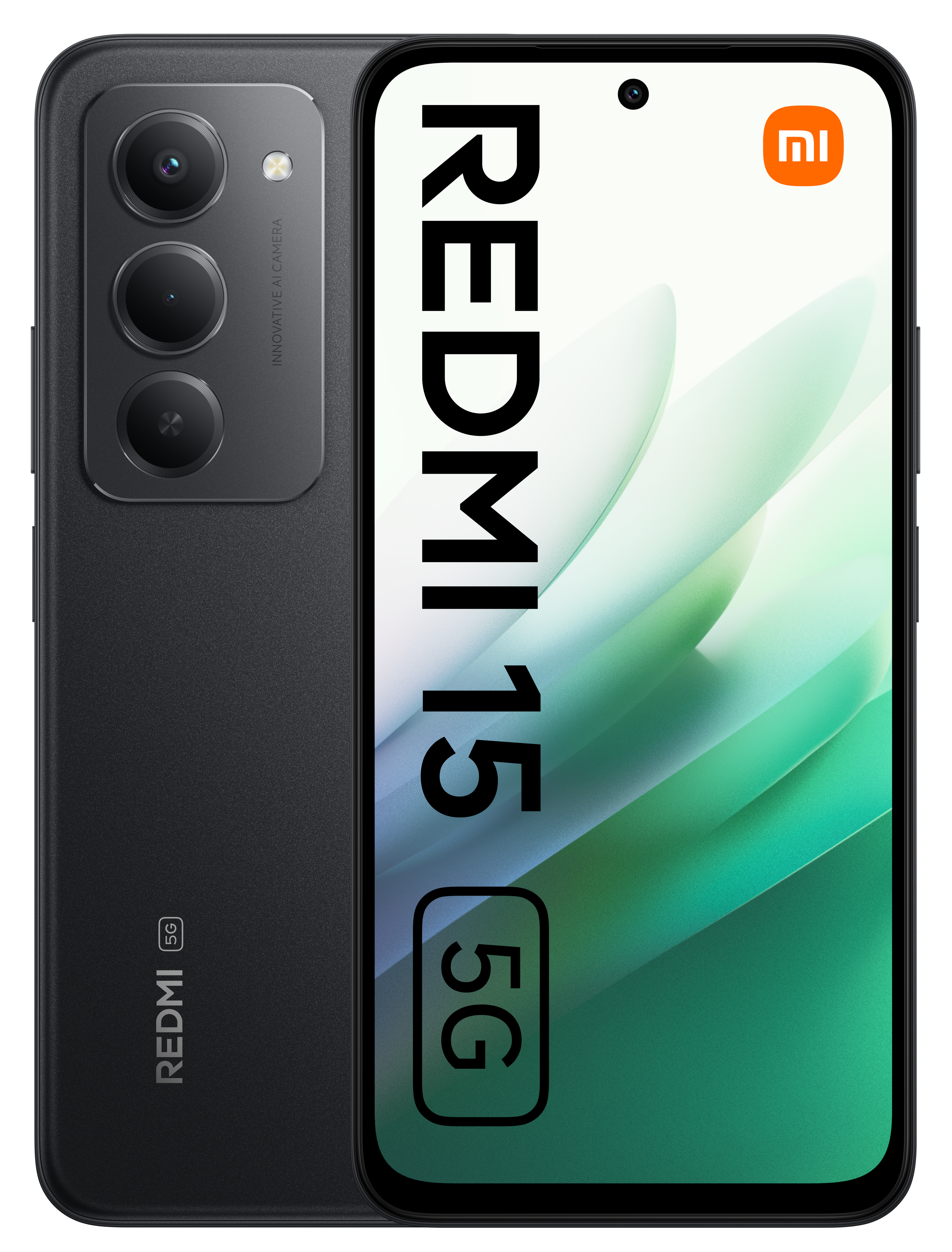 Czarny telefon Redmi 15 5G, z trzema tylnymi aparatami. Ekran wyświetla logo Redmi i zielony abstrakcyjny wzór.