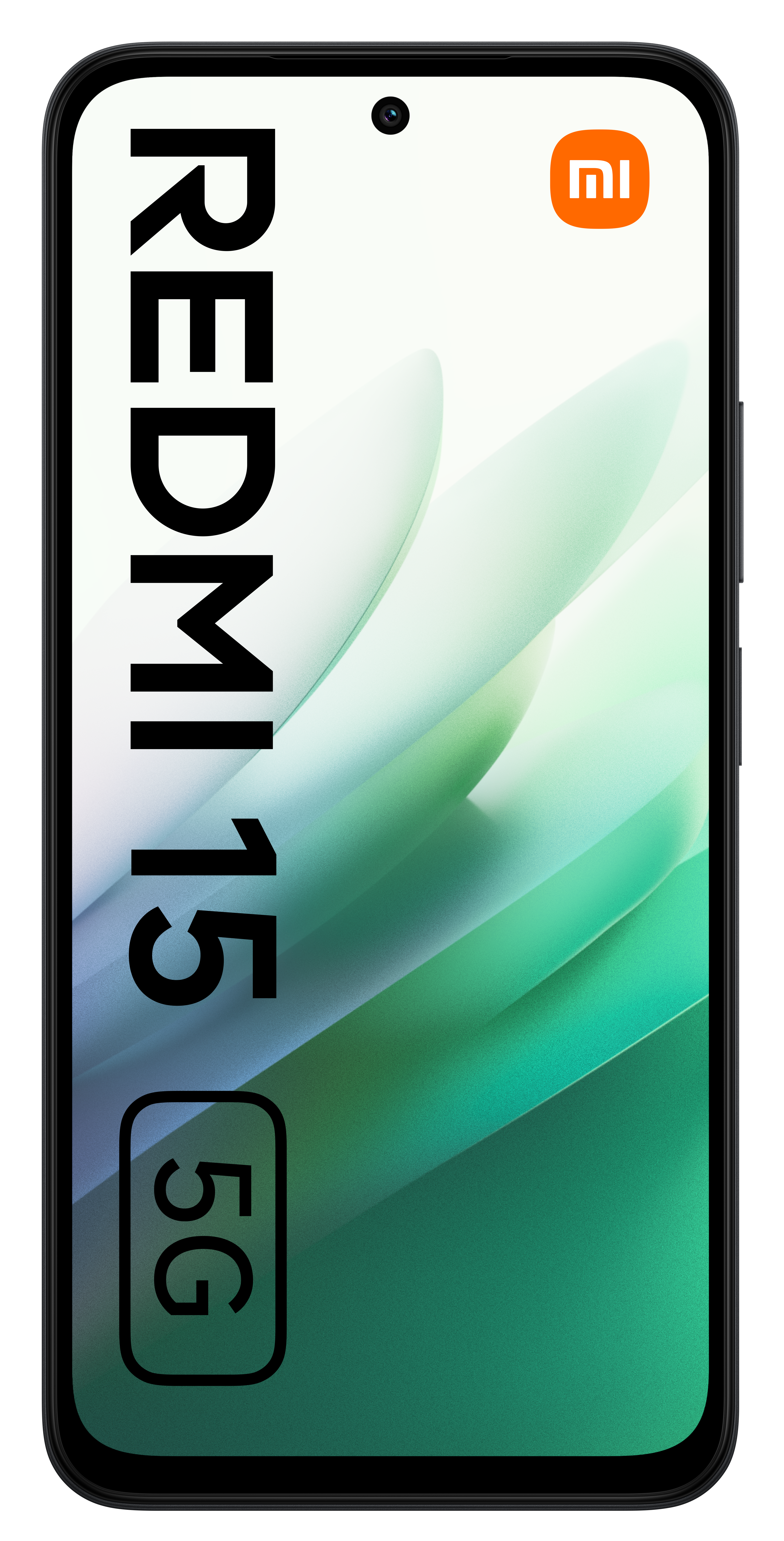 Wyświetlany jest smartfon Xiaomi Redmi 15 5G. Jest czarny, z ekranem pokazującym zielono-biały gradient. Widoczne jest logo Xiaomi.