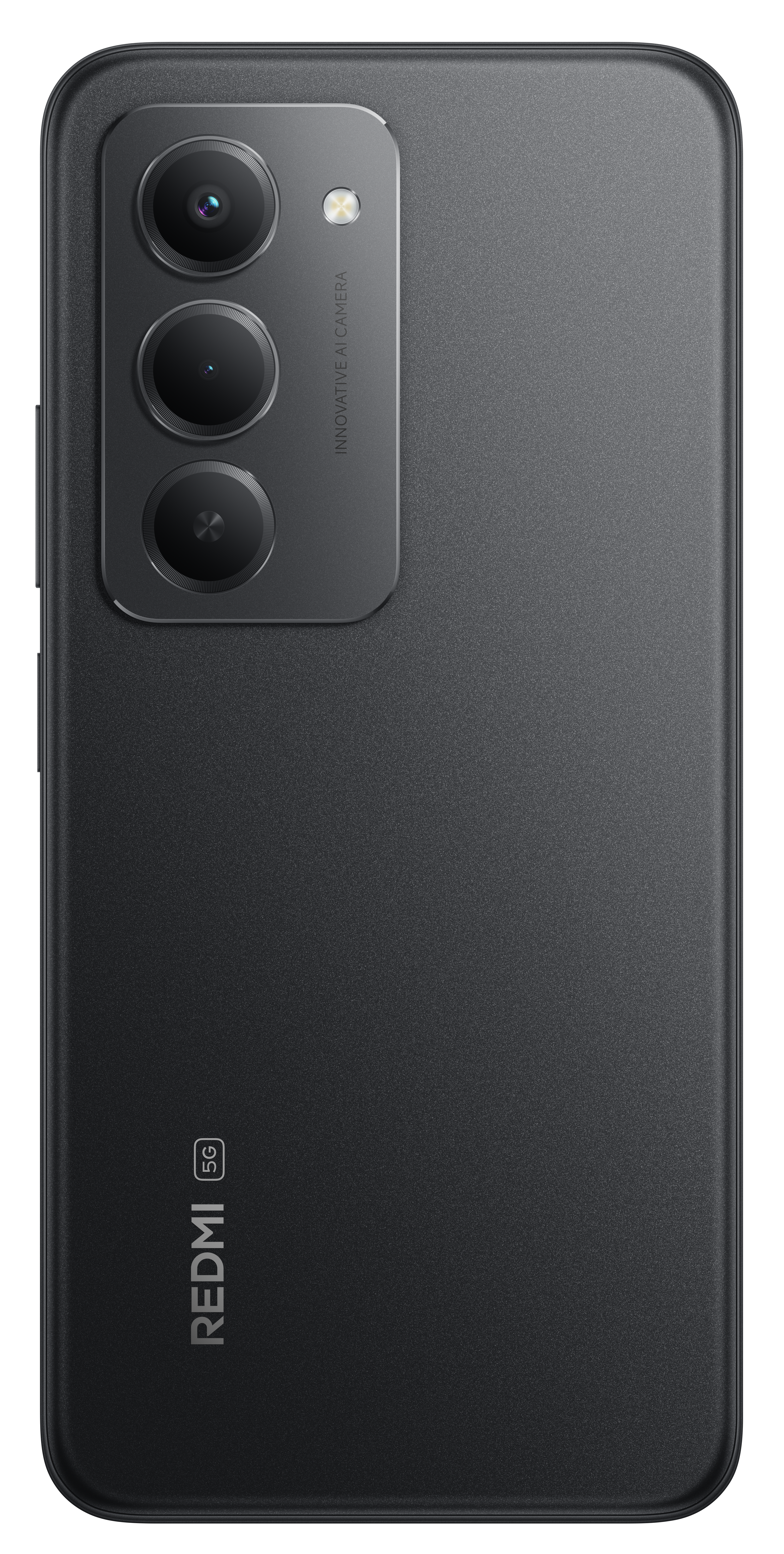 Czarny tył smartfona z potrójnym aparatem i logo Redmi. Ma teksturowaną powierzchnię.