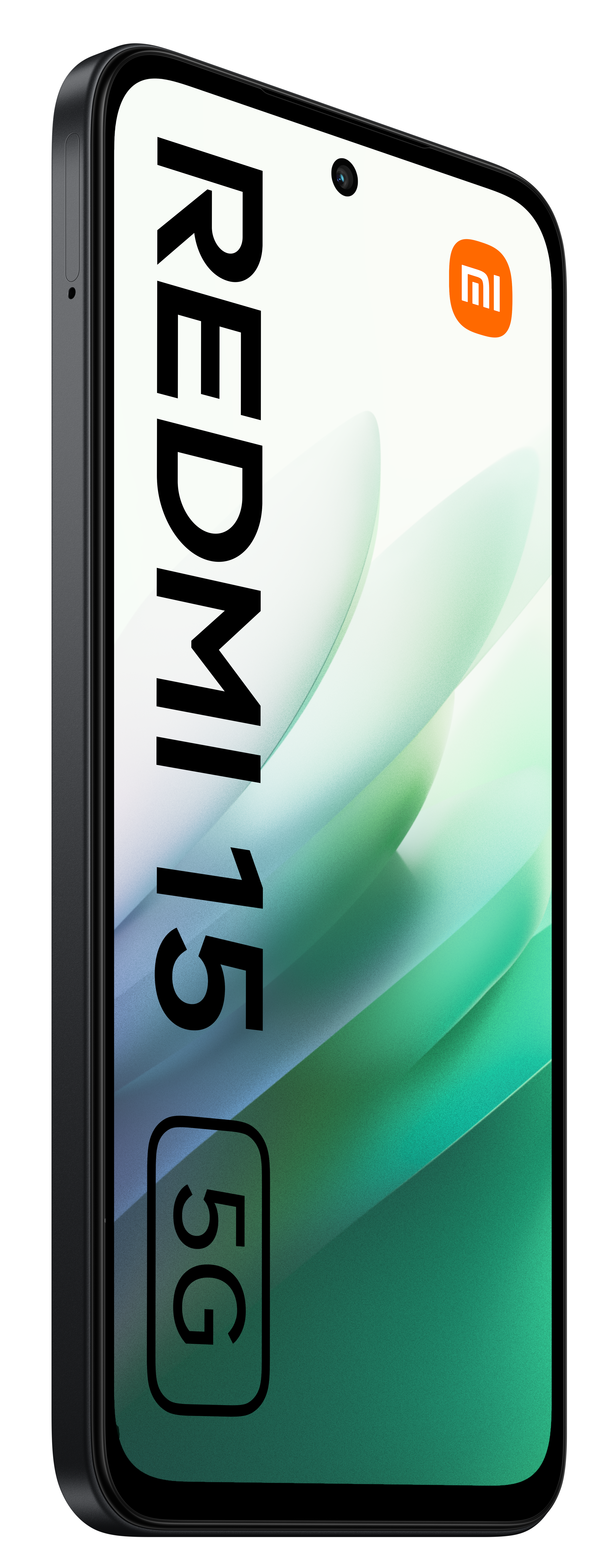 Czarny telefon Redmi 15 5G lekko pochylony. Ekran wyświetla logo Redmi i ma zielono-białe tło.