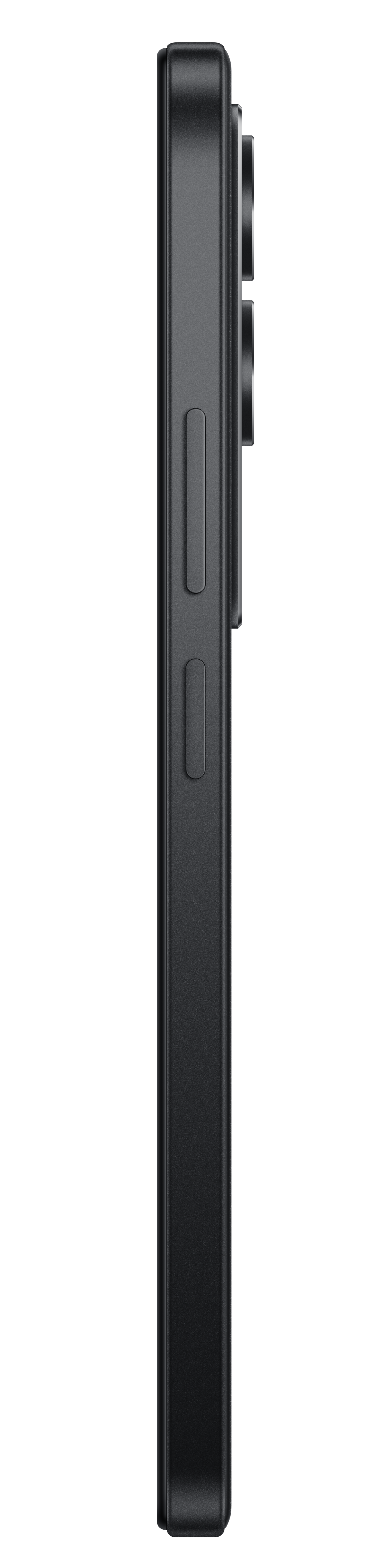 Widok z boku czarnego smartfona z przyciskami z boku i modułem aparatu z tyłu, na czarnym tle.