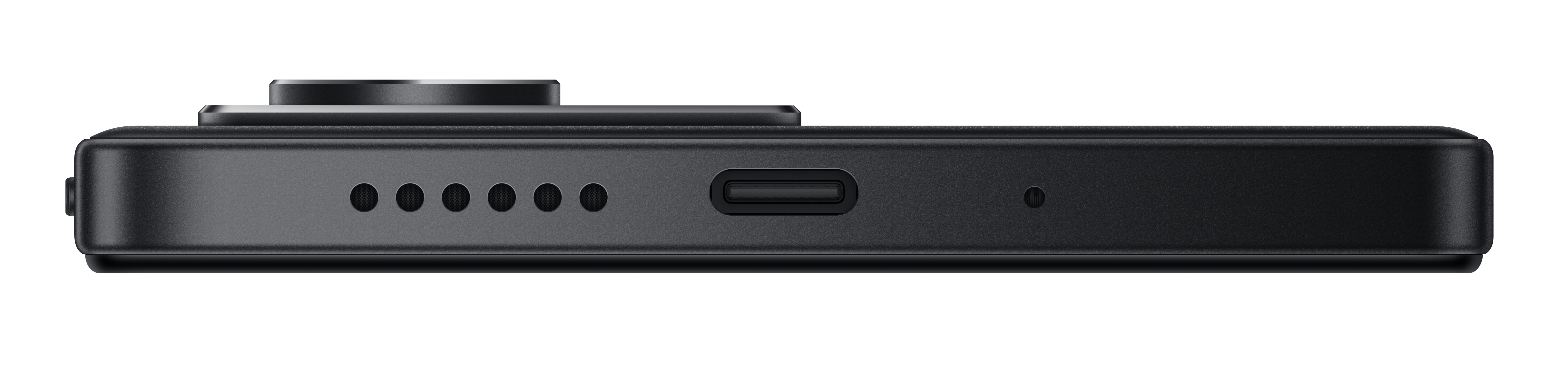 Widok z boku czarnego smartfona, pokazujący wypukłość aparatu, porty i kratki głośników na czarnym tle.