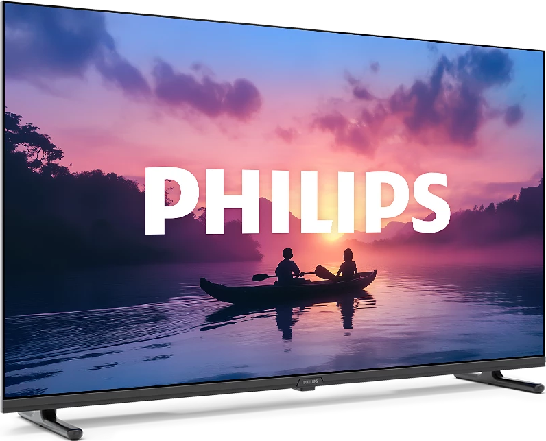Philips TV zeigt eine Sonnenuntergangsszene mit einem Boot auf dem Wasser. Das Philips-Logo ist deutlich sichtbar.