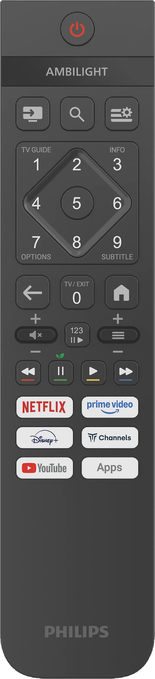 Dunkelgraue Philips TV-Fernbedienung. Sie hat Tasten für Ein/Aus, Ambilight, TV-Guide und Streaming-Dienste.