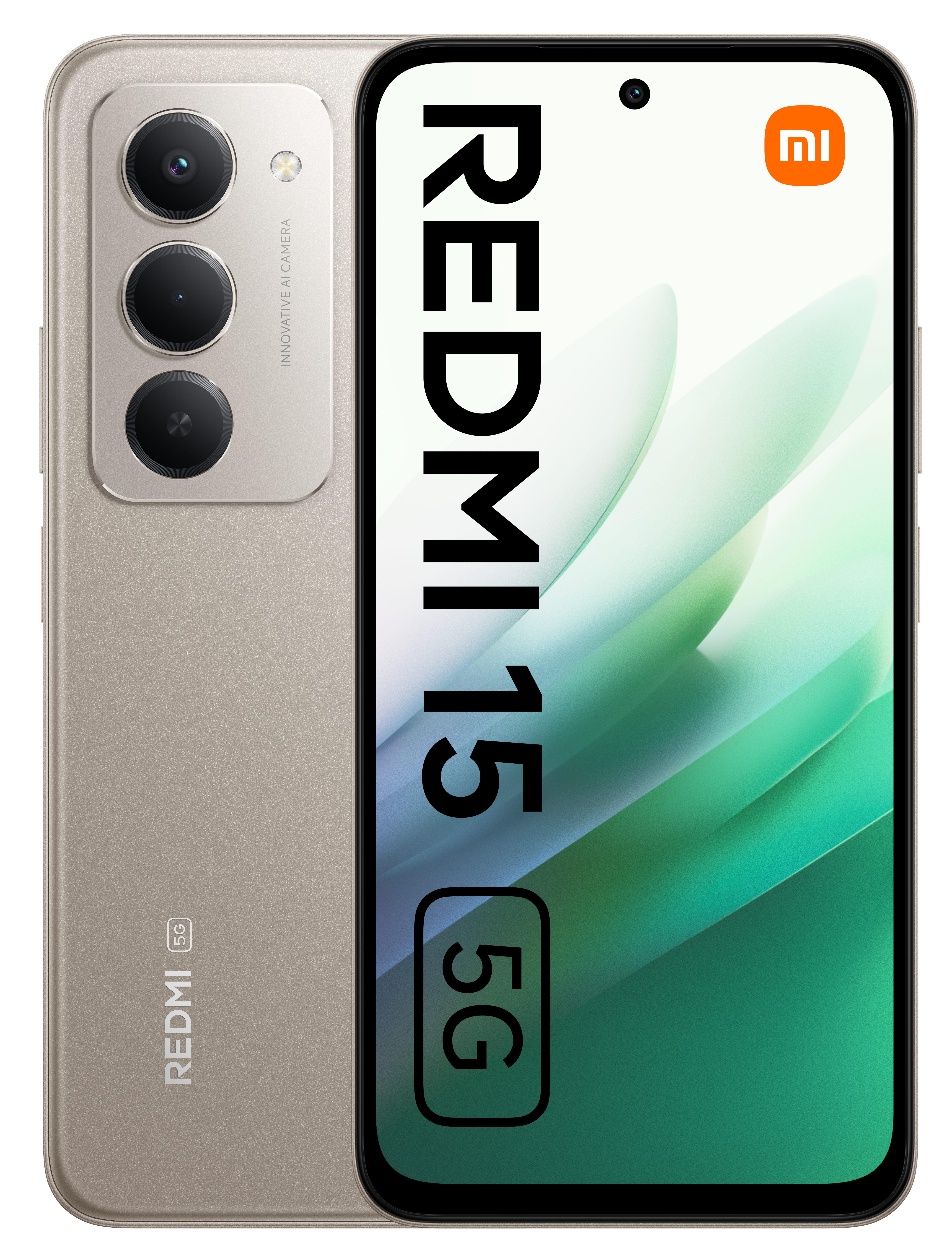 Beżowy smartfon Redmi 15 5G. Posiada potrójny aparat, czarny ekran z tekstem i logo Mi.
