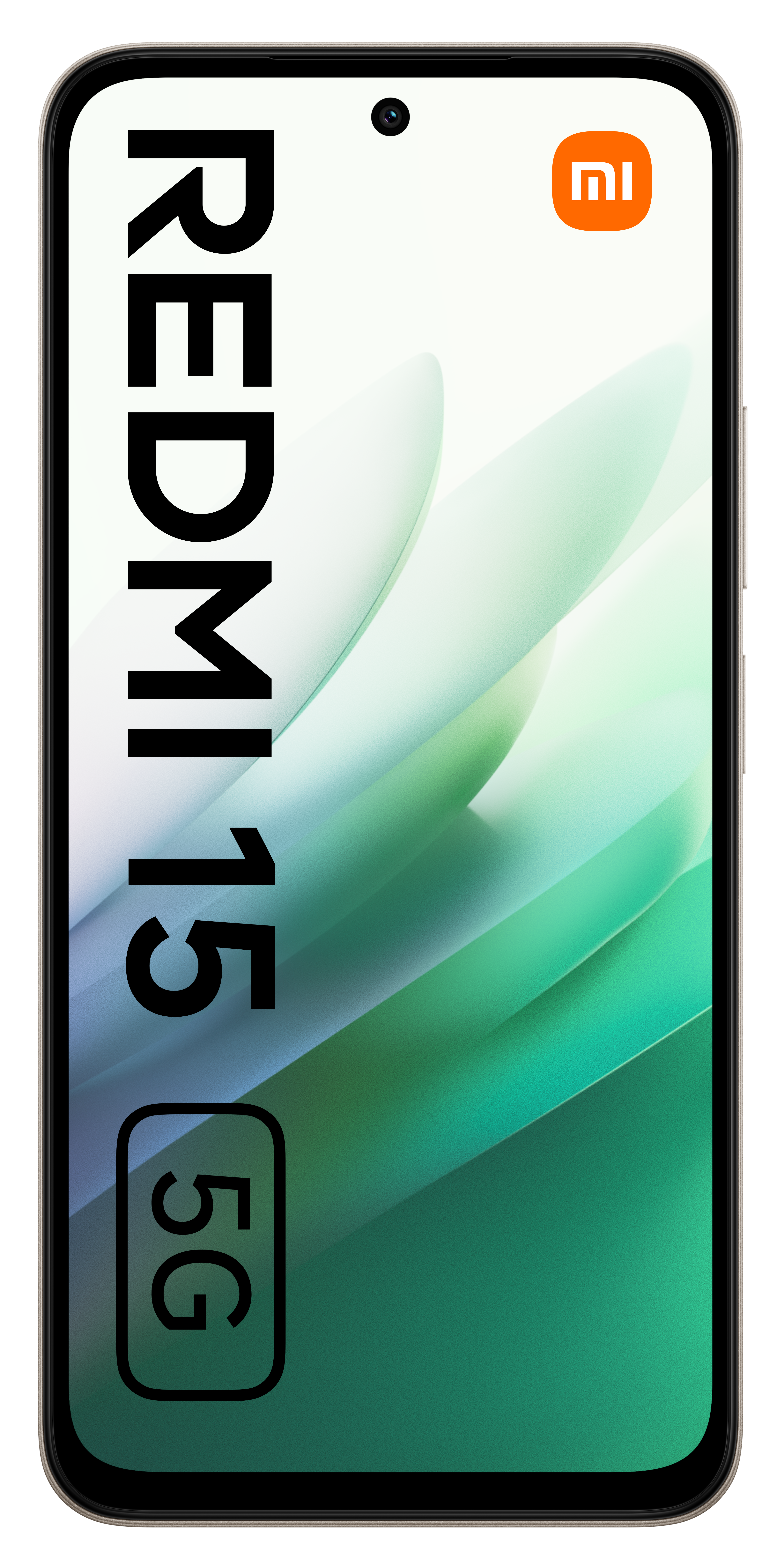 Smartfon z logo Redmi 15 5G. Ekran wyświetla zielone i białe abstrakcyjne wzory oraz logo Xiaomi.