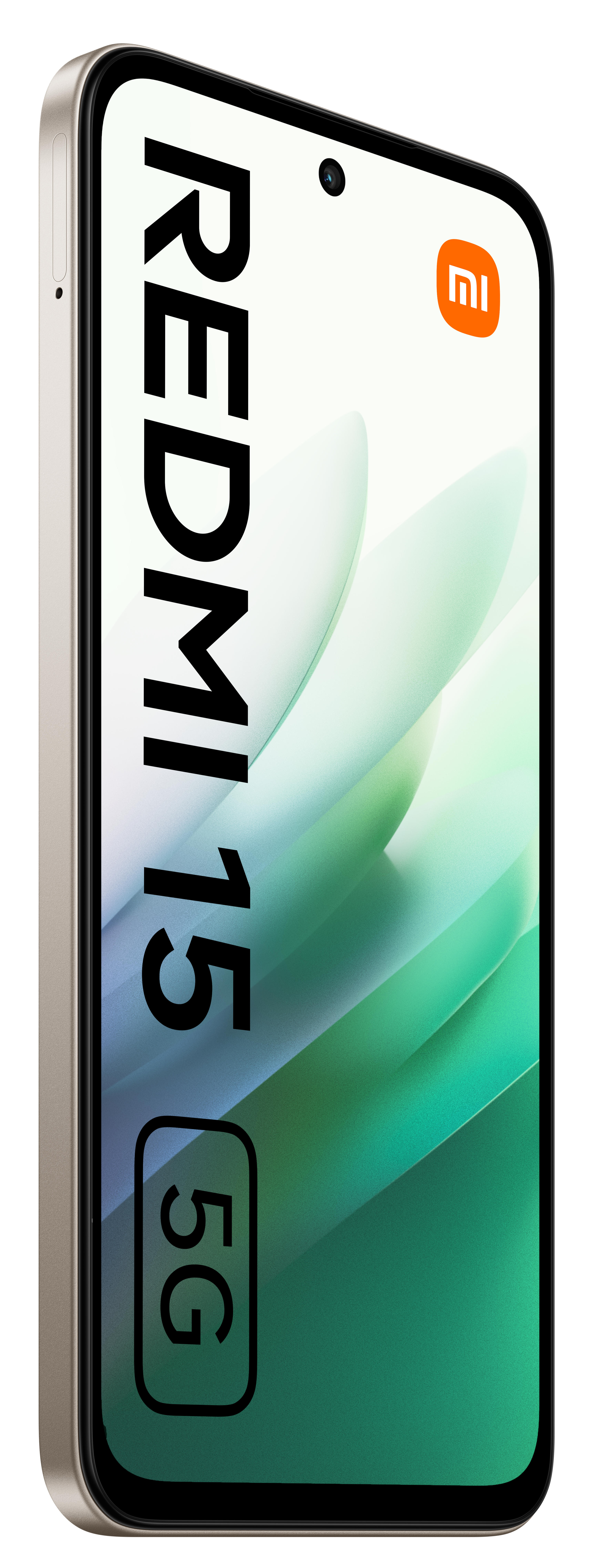 Smartfon Redmi 15 5G jest wyświetlany pod kątem. Ekran zawiera logo Redmi i gradient zieleni i bieli.
