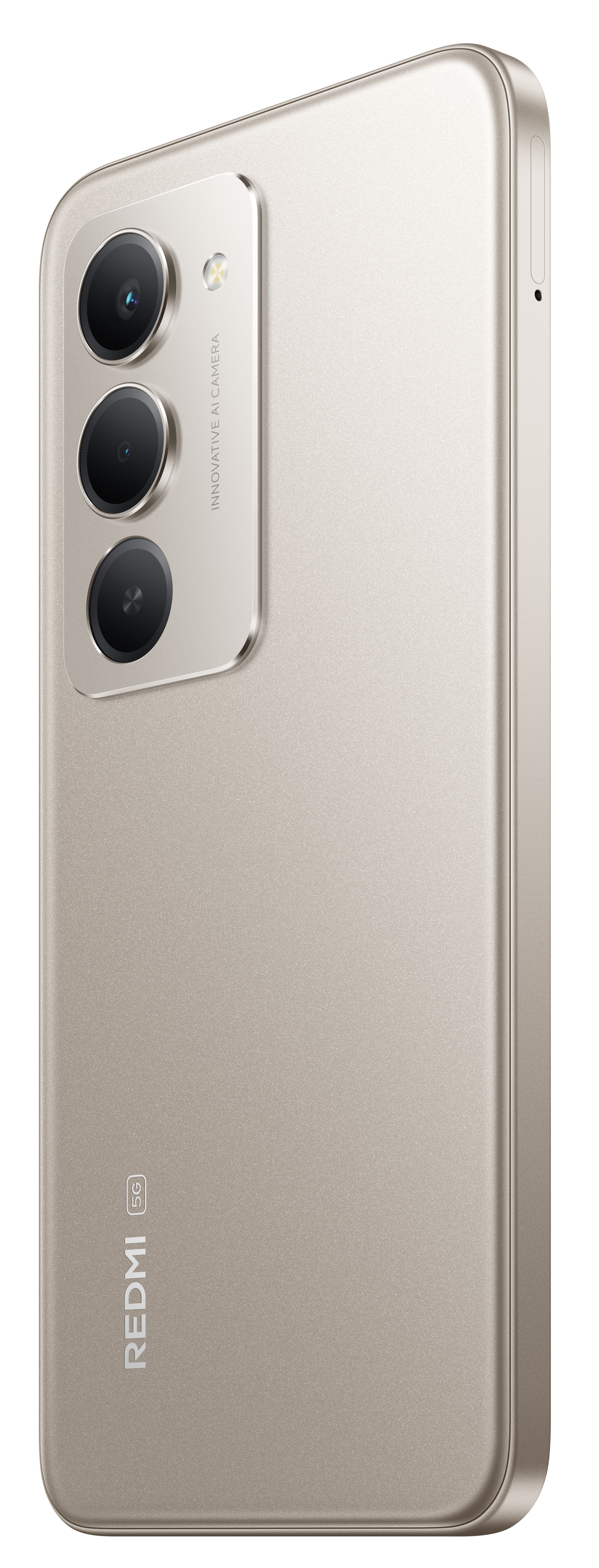 Złoty smartfon Redmi 5G, pod kątem. Widoczne są trzy aparaty i lampa błyskowa. Z boku telefonu znajduje się tacka na kartę SIM.