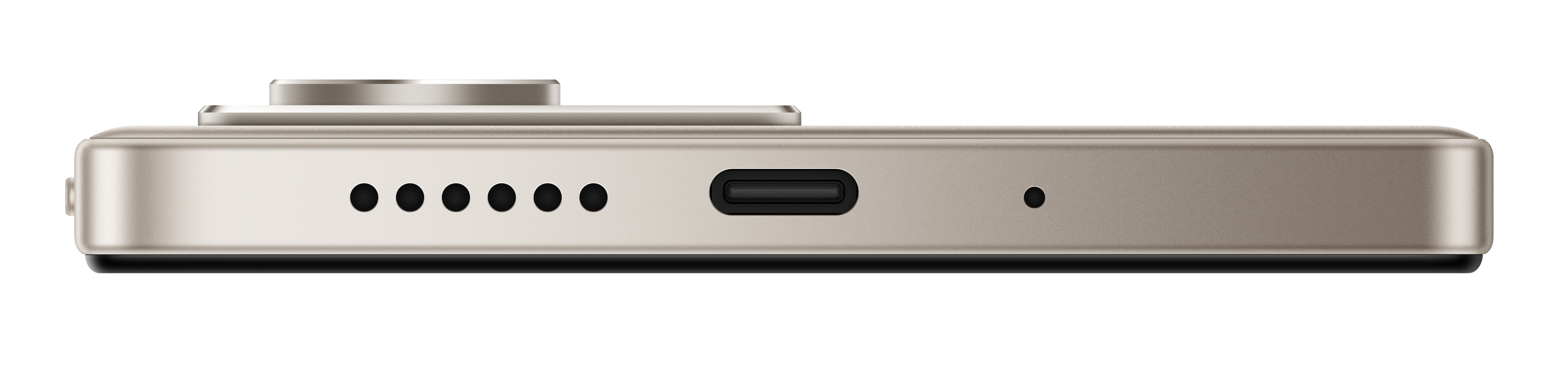 Widok z boku smartfona z wypukłością aparatu. Posiada port USB-C, otwory głośnikowe i kropkę.
