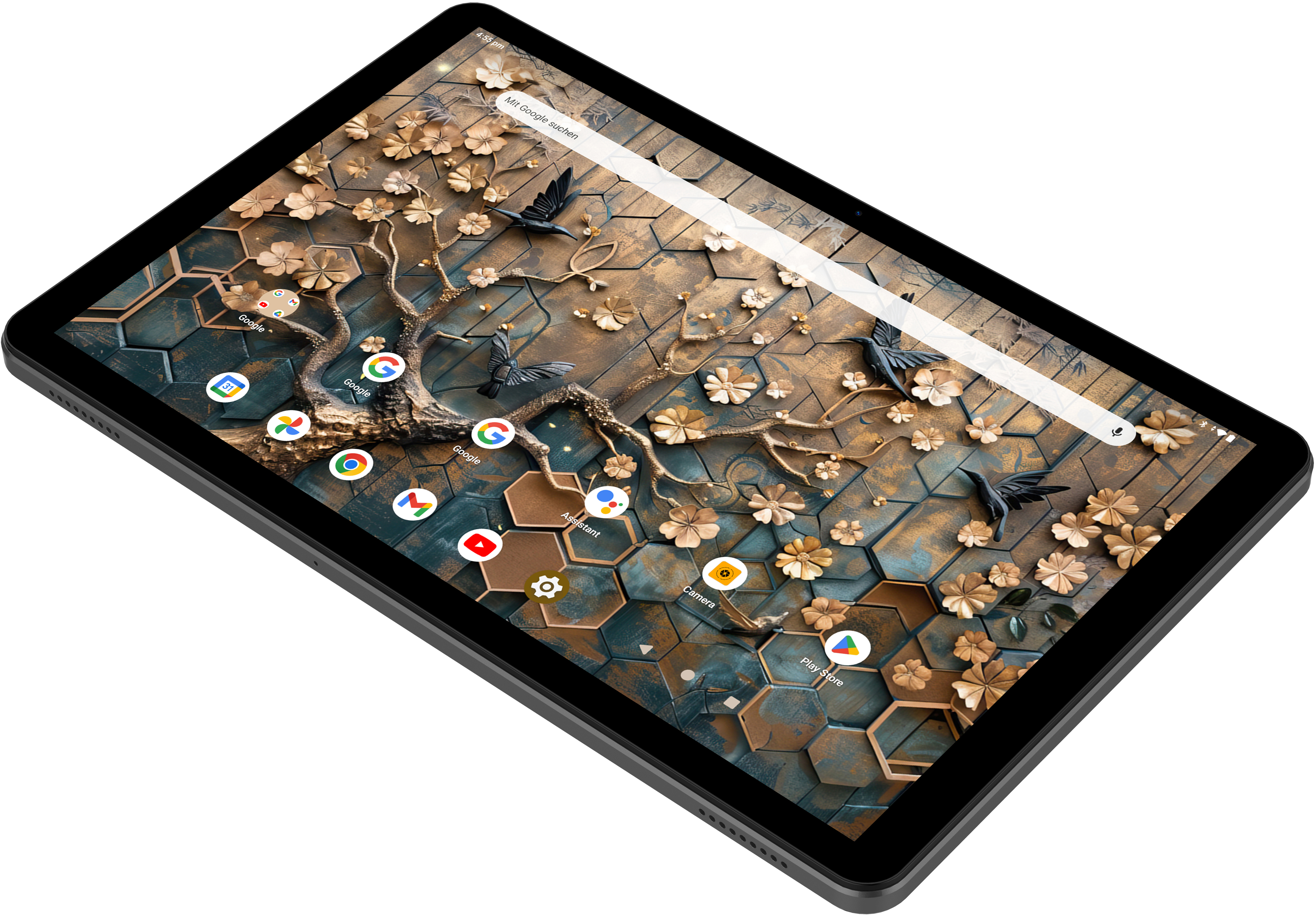 Tablettbildschirm zeigt ein Blumenmuster mit Vögeln. App-Symbole sind Google, YouTube und Kamera. Tablet ist schwarz.