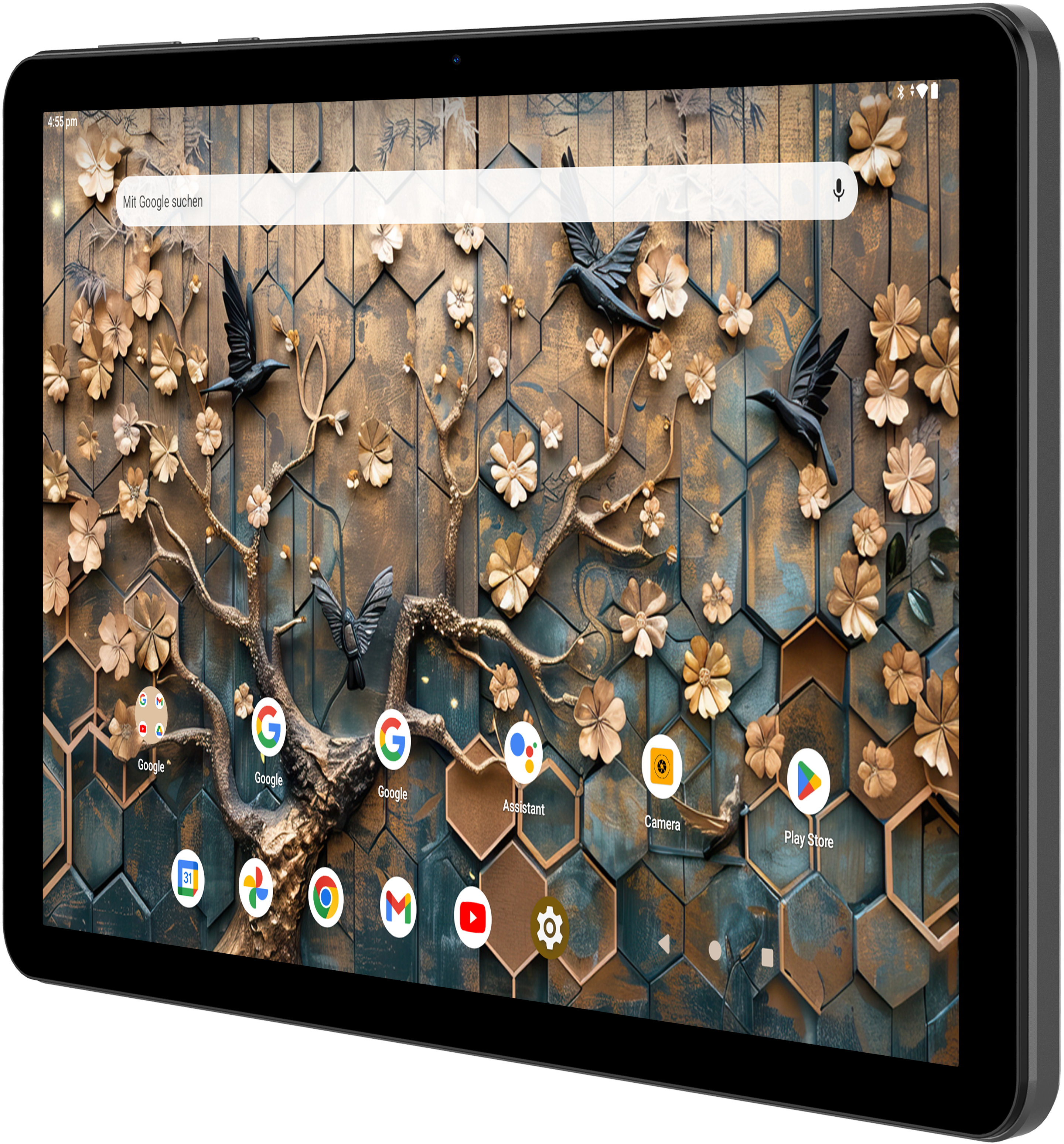 Der Tablet-Bildschirm zeigt einen dekorativen Hintergrund mit Vögeln, Blumen und App-Symbolen.