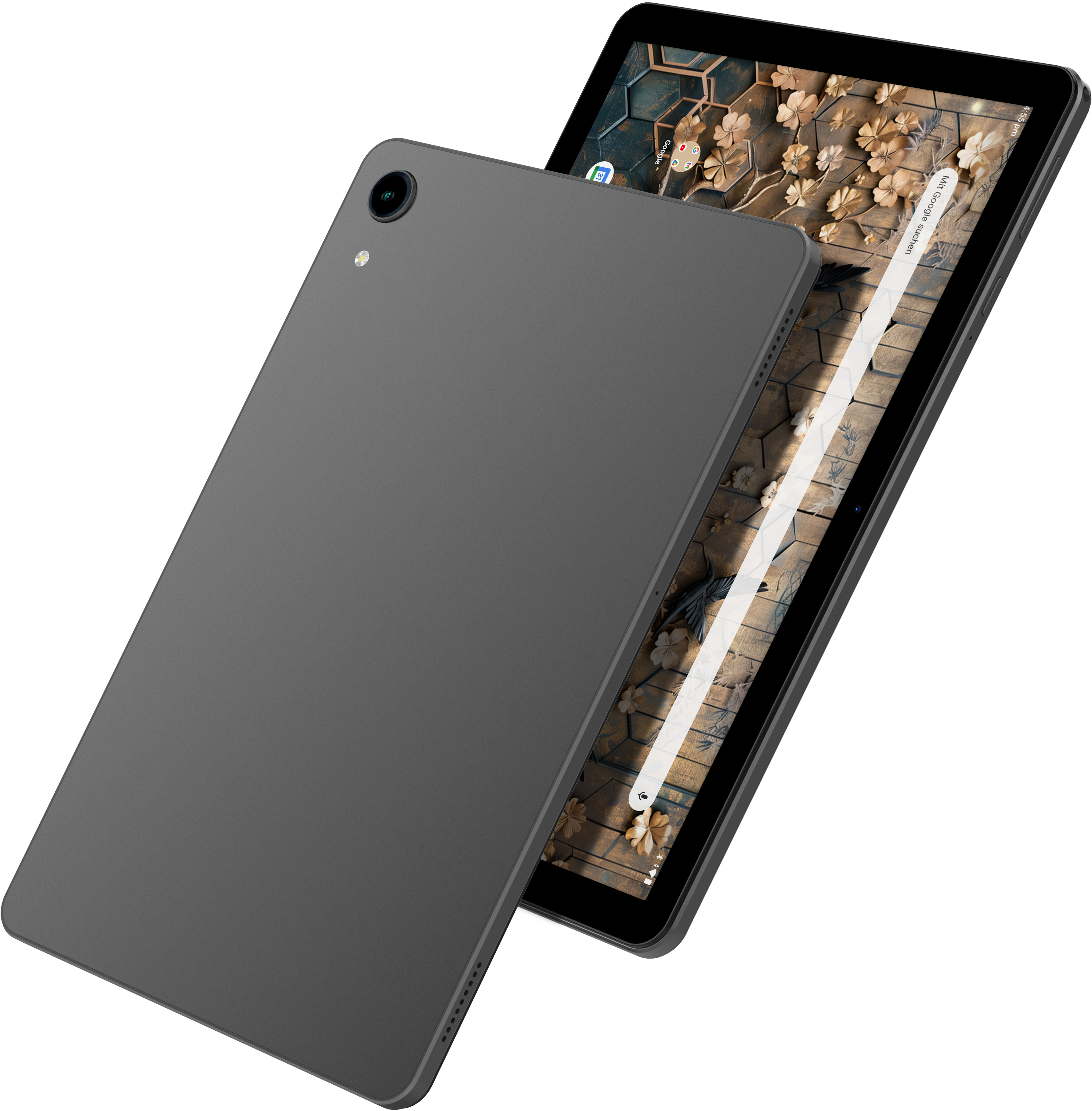 Zwei graue Tablets, eines abgewinkelt, zeigen Bildschirme mit floralen Tapeten. Eines zeigt die Rückseite mit Kamera.
