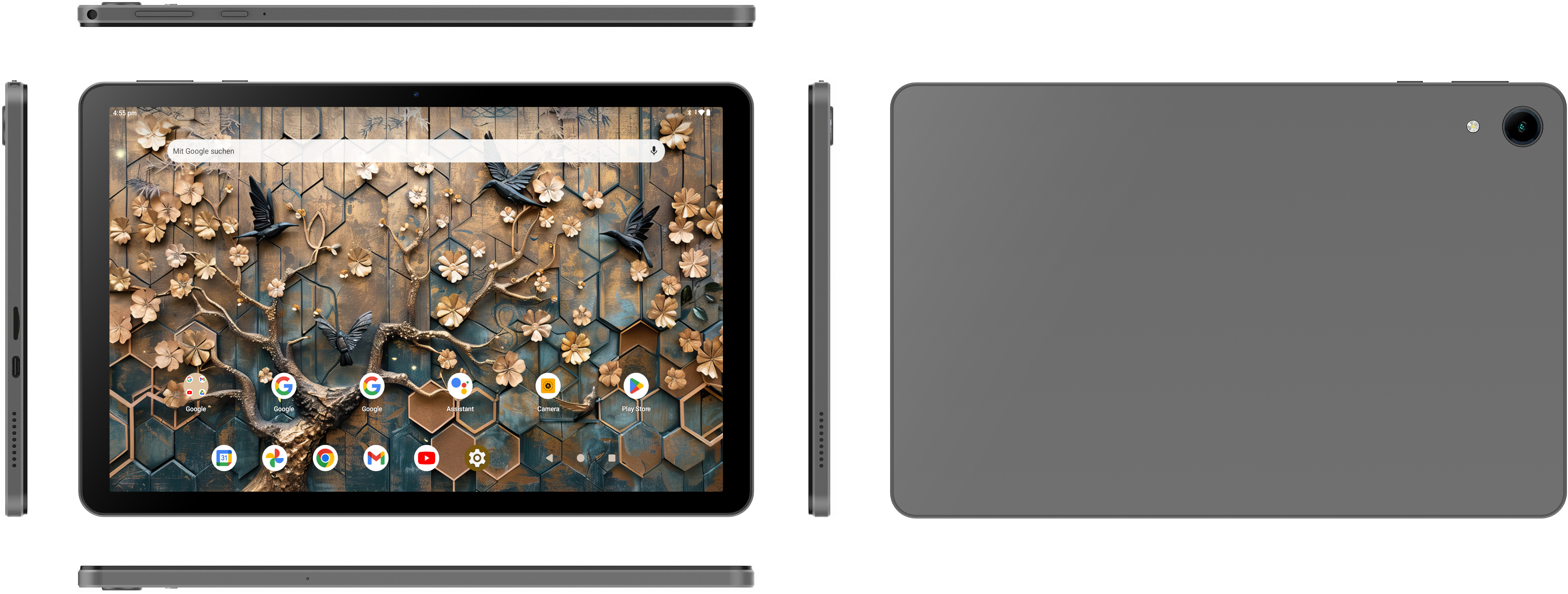 Ein graues Tablet zeigt einen floralen und geometrischen Hintergrund. Schwarze Vögel und goldene Blumen sind auf dem Bildschirm.