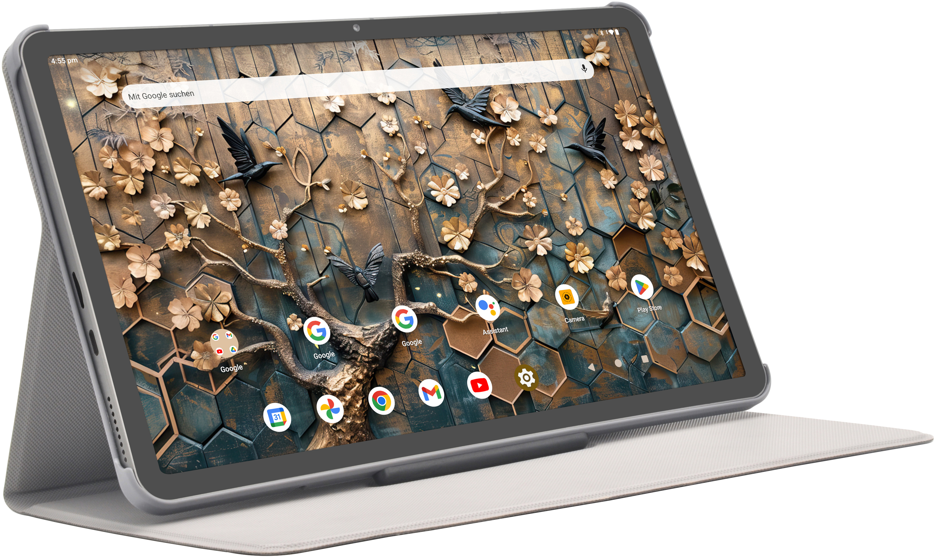 Tablet, das einen dekorativen Hintergrund mit Blumen und Vögeln zeigt. Das Tablet befindet sich in einem grauen Gehäuse.