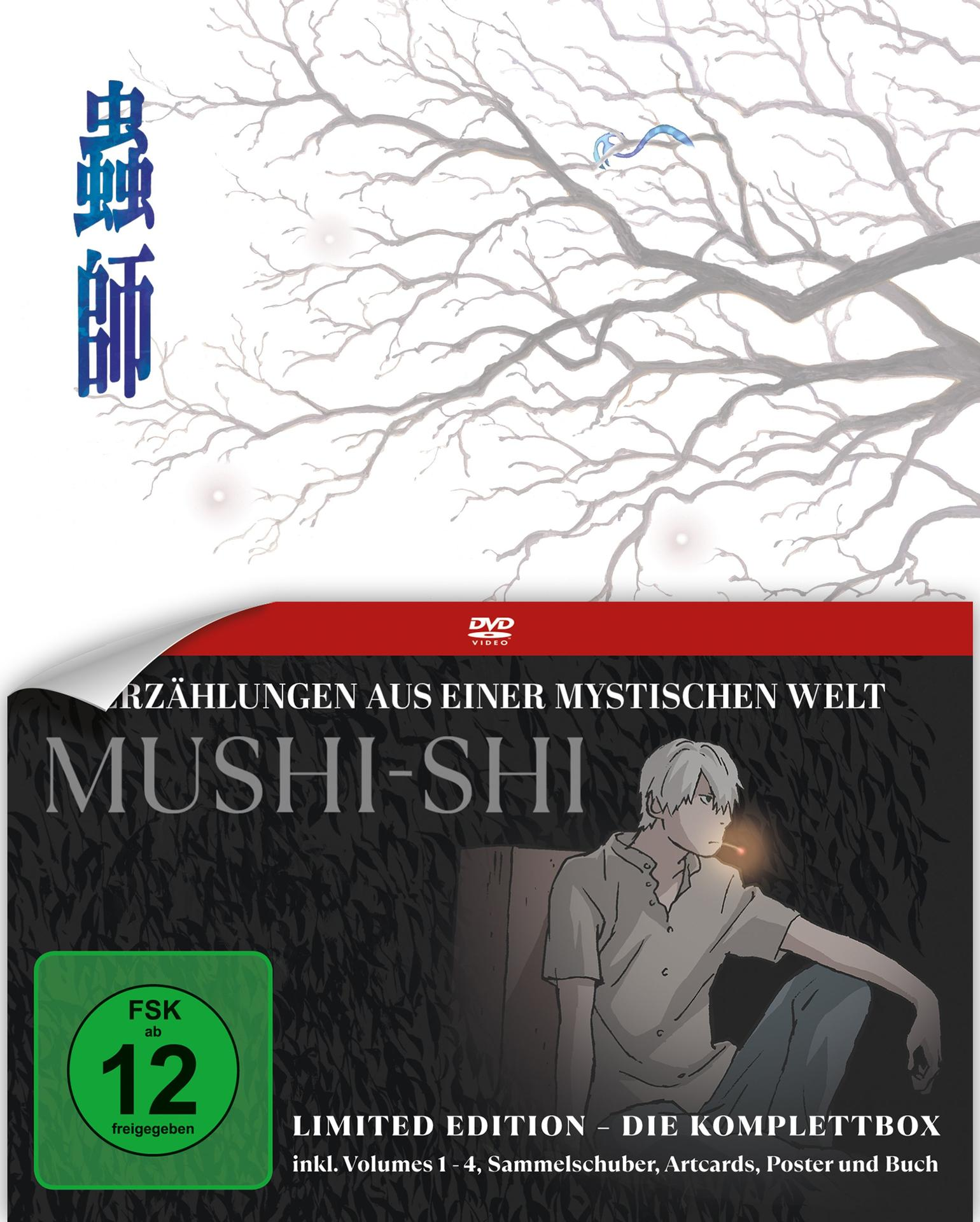 DVD-Cover von Mushi-Shi. Enthält Anime-Kunst mit Charakter- und Astdetails. Enthält deutschen Text und FSK 12-Rating.