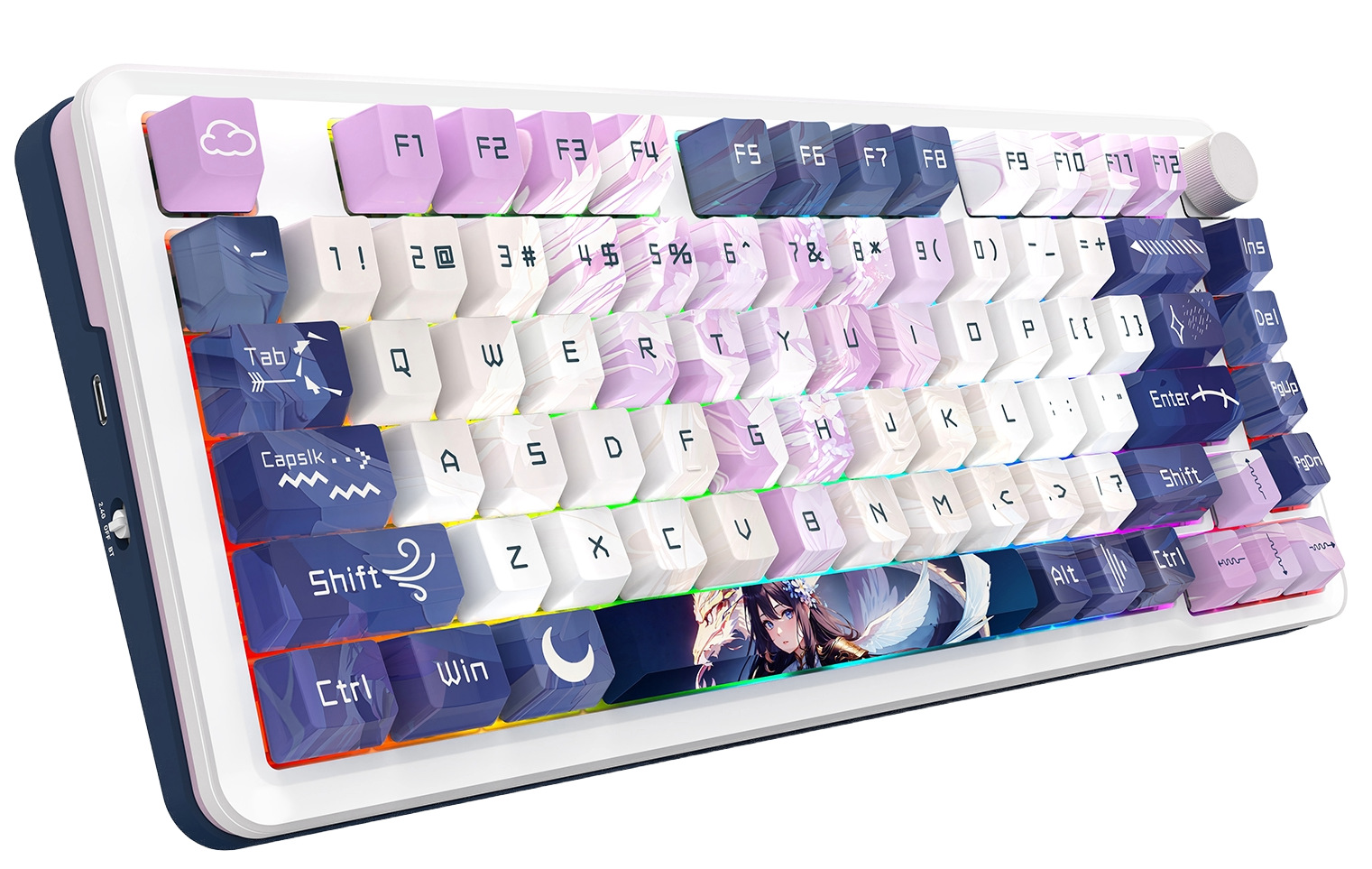 Biała klawiatura mechaniczna z kolorowymi klawiszami. Posiada wzór w stylu anime na spacji. Klawisze są niebieskie, fioletowe i białe.