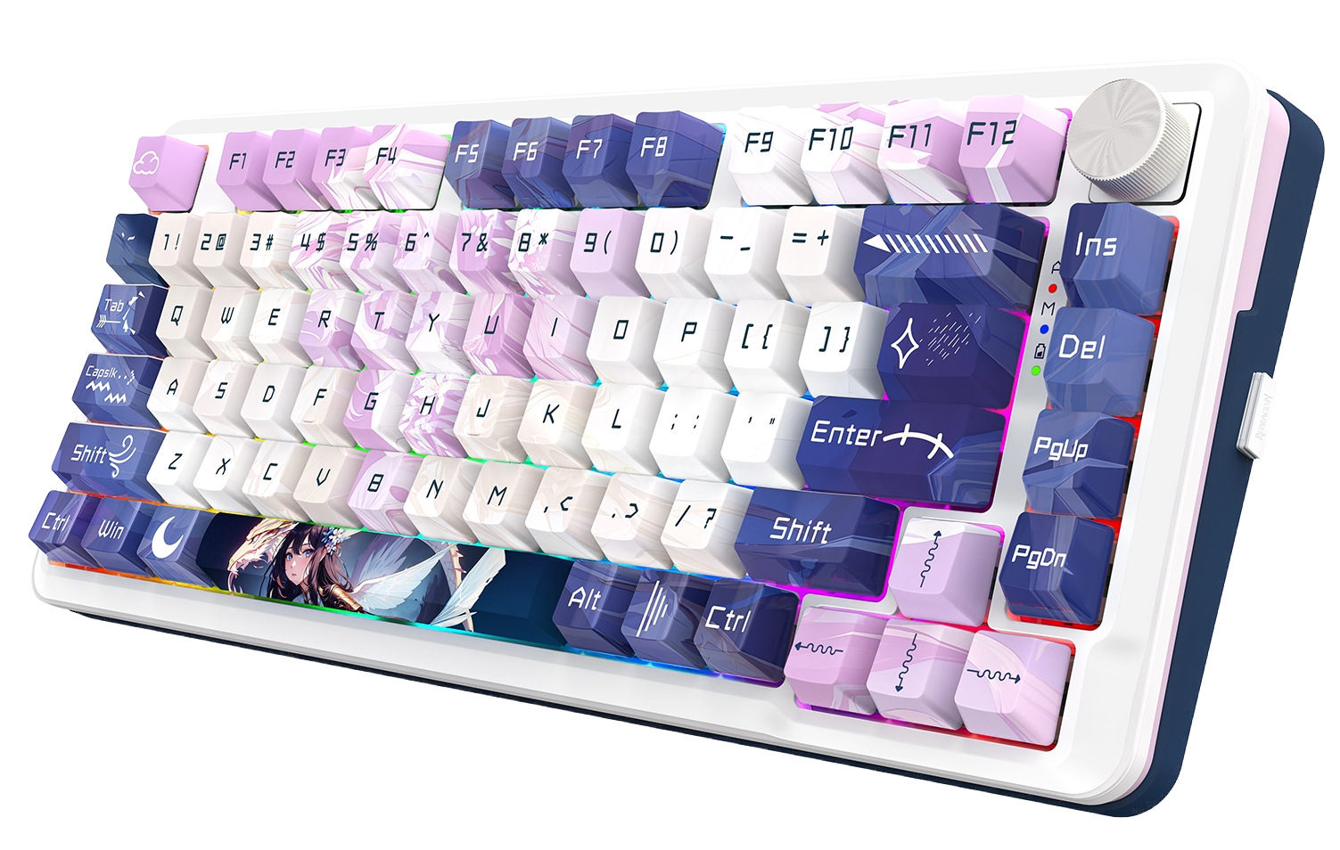 Klawiatura mechaniczna z białą ramą, kolorowymi klawiszami i pokrętłem głośności. Klawisze wyświetlają litery, cyfry i symbole.