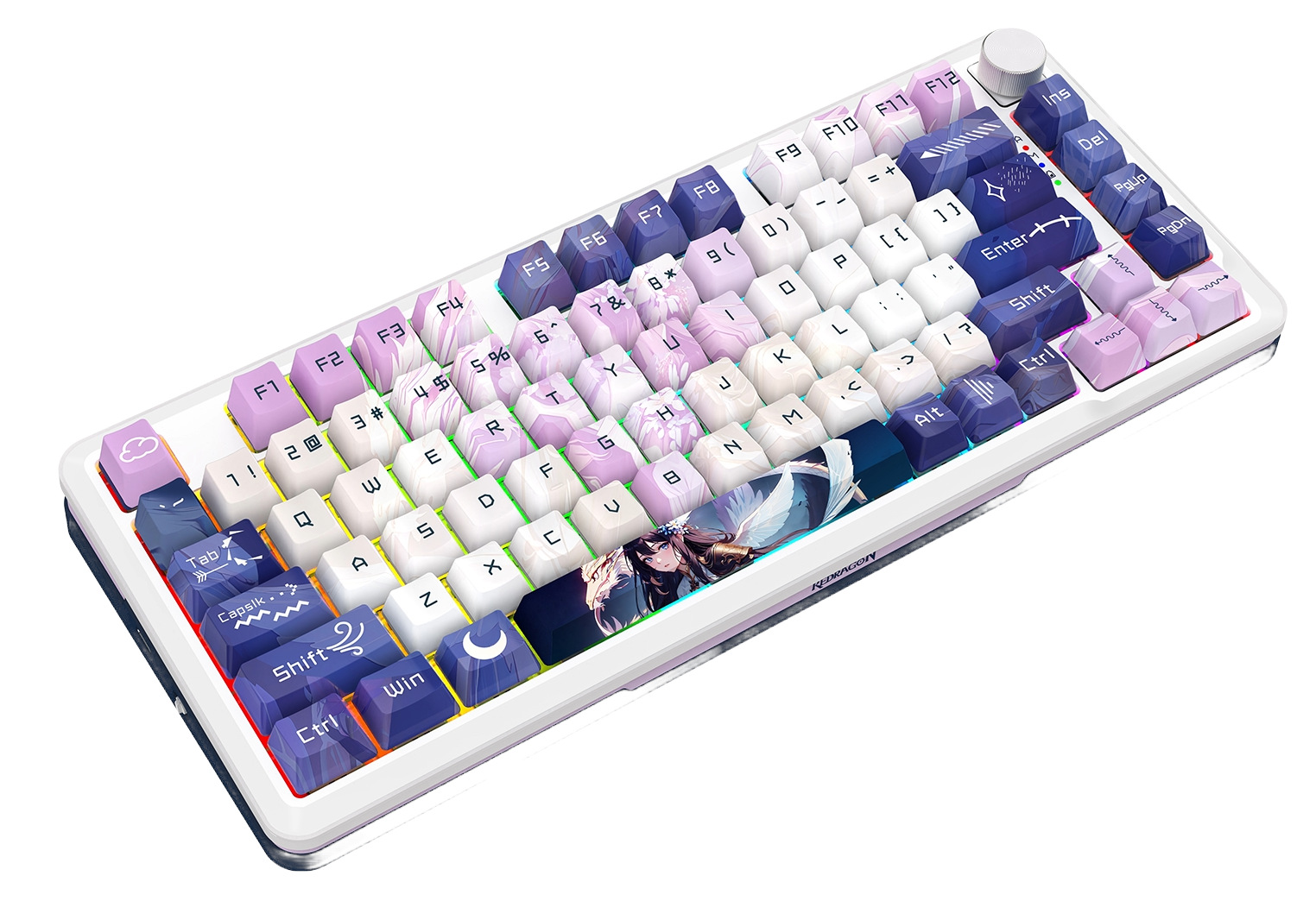 Biała klawiatura z fioletowymi i niebieskimi klawiszami. Ma postać na spacji i pokrętło głośności na górze.