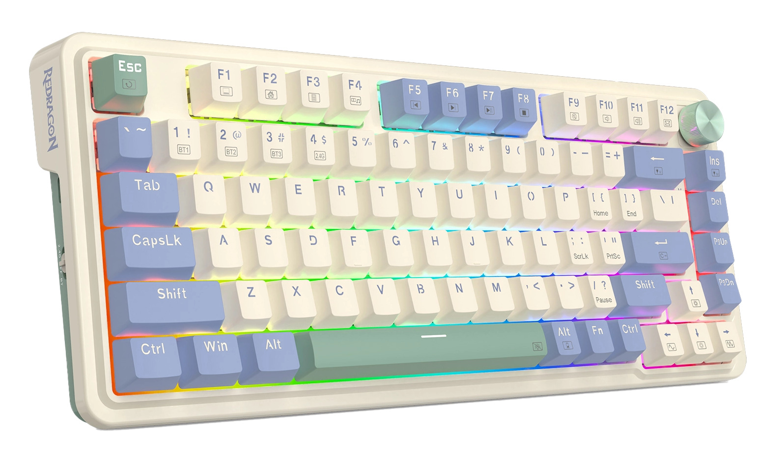 Klawiatura Redragon z białymi i niebieskimi klawiszami oraz zielonym klawiszem Esc. Posiada pokrętło głośności.