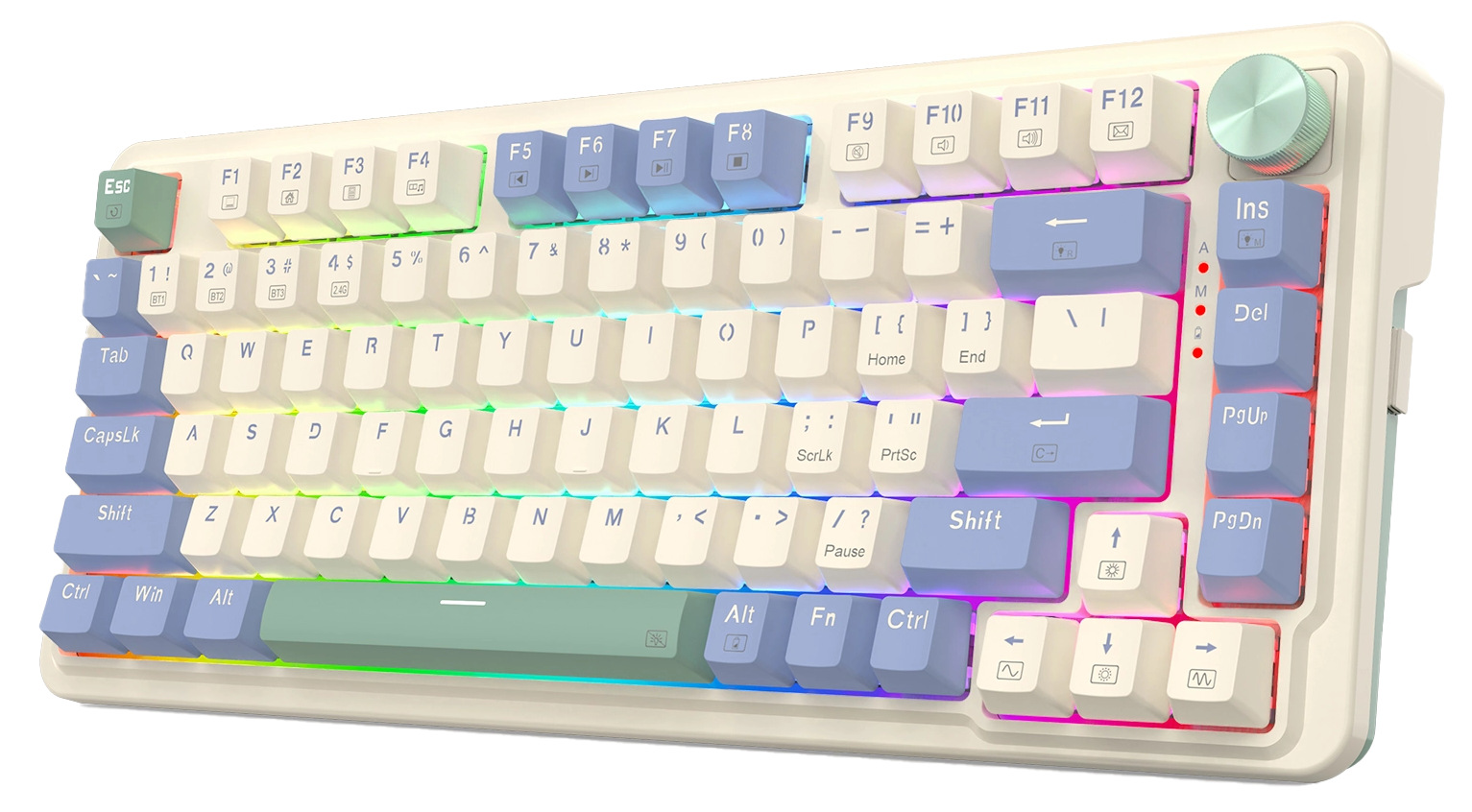 Kremowa klawiatura mechaniczna z niebieskimi, zielonymi i białymi klawiszami oraz miętowym pokrętłem głośności.
