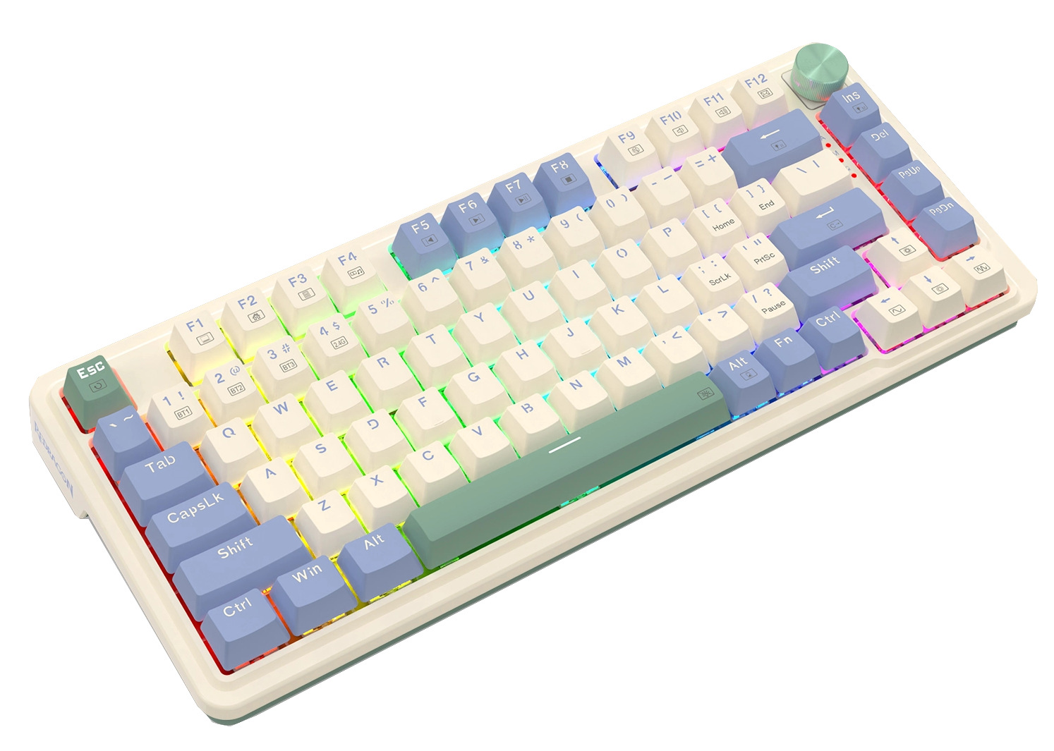 Kremowa klawiatura mechaniczna z jasno niebieskimi i zielonymi klawiszami. Zawiera pokrętło głośności i tęczowe podświetlenie.