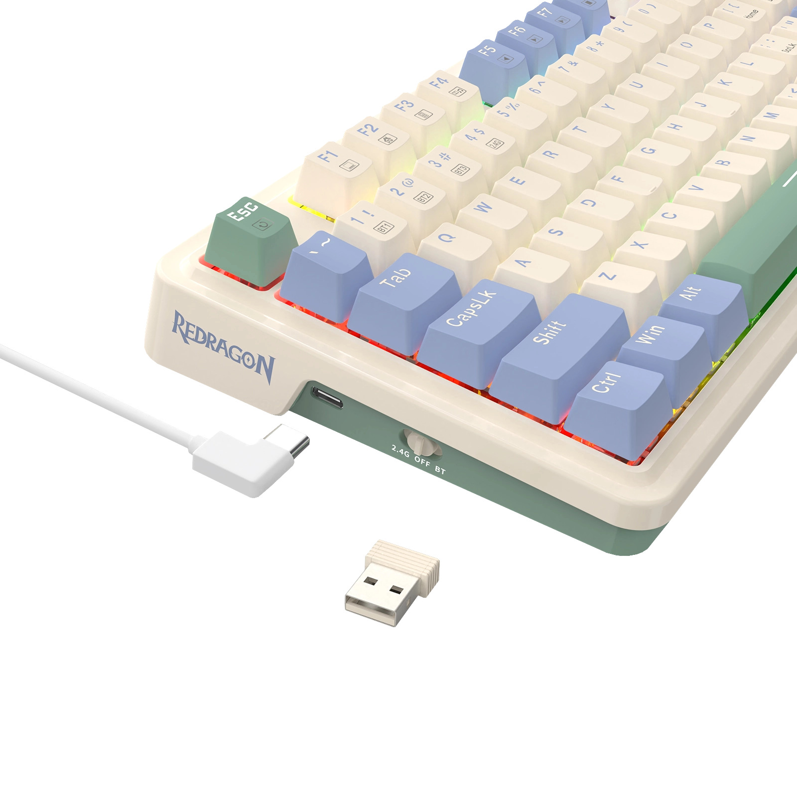 Biała i zielona klawiatura mechaniczna z niebieskimi klawiszami. Kabel USB i odbiornik są na zdjęciu.