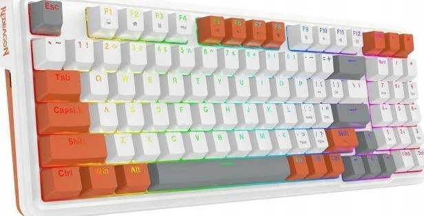 Biała i pomarańczowa klawiatura mechaniczna. Niektóre klawisze są pomarańczowe, inne białe. Klawisze są podświetlane kolorami tęczy.