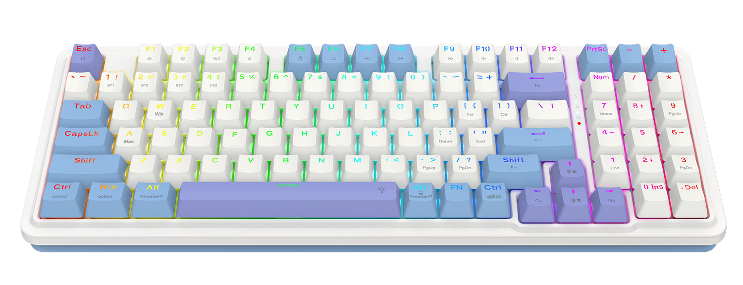 Biała klawiatura mechaniczna z niebieskimi i fioletowymi akcentami. Klawisze są białe, niebieskie i fioletowe, z różnymi symbolami i literami.