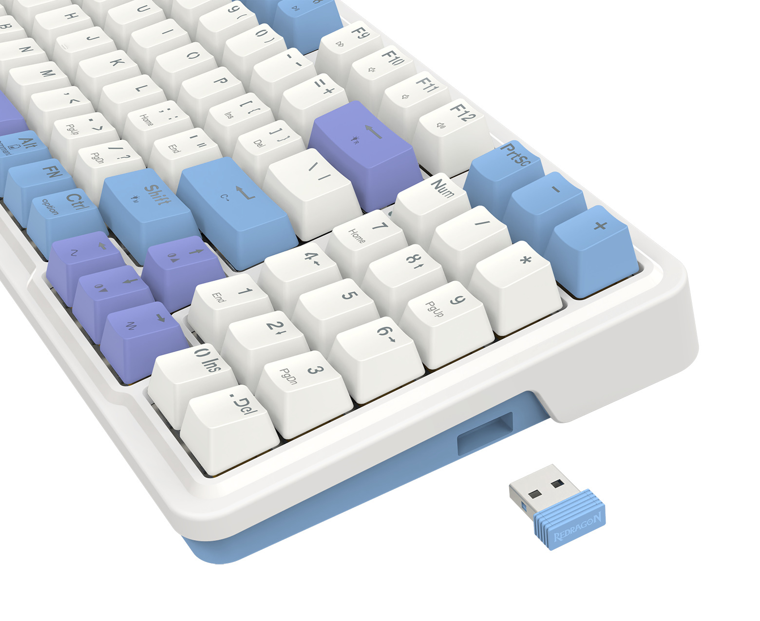 Biała klawiatura z niebieskimi i fioletowymi klawiszami oraz kluczem USB. Klawisze obejmują litery, cyfry i klawisze funkcyjne. Marka to Redragon.