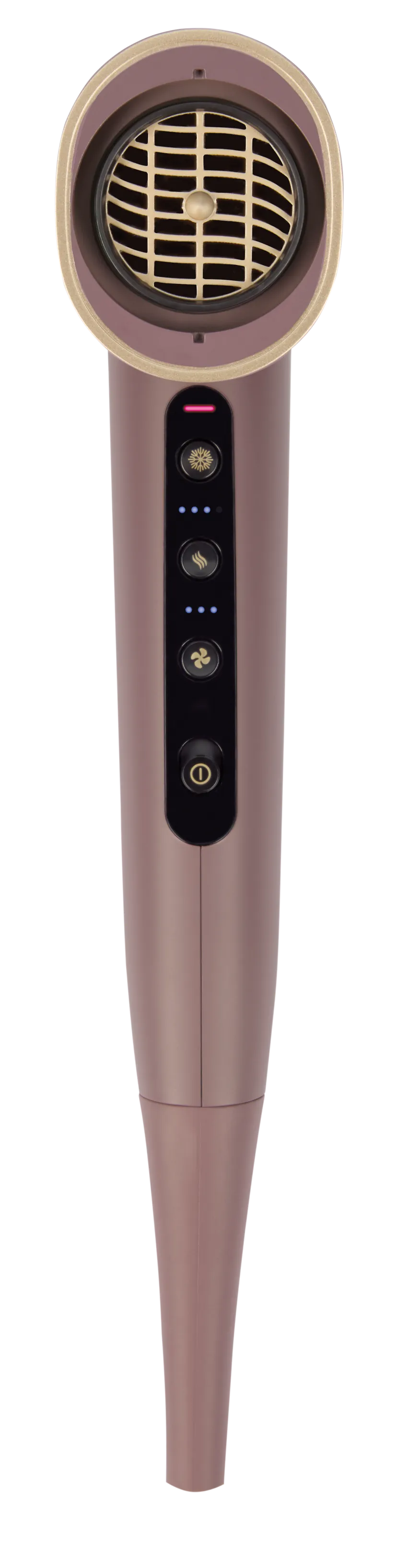 Suszarka do włosów w kolorze różowego złota z czarnym panelem sterowania. Posiada wiele ustawień, w tym zimne powietrze i kontrolę prędkości.