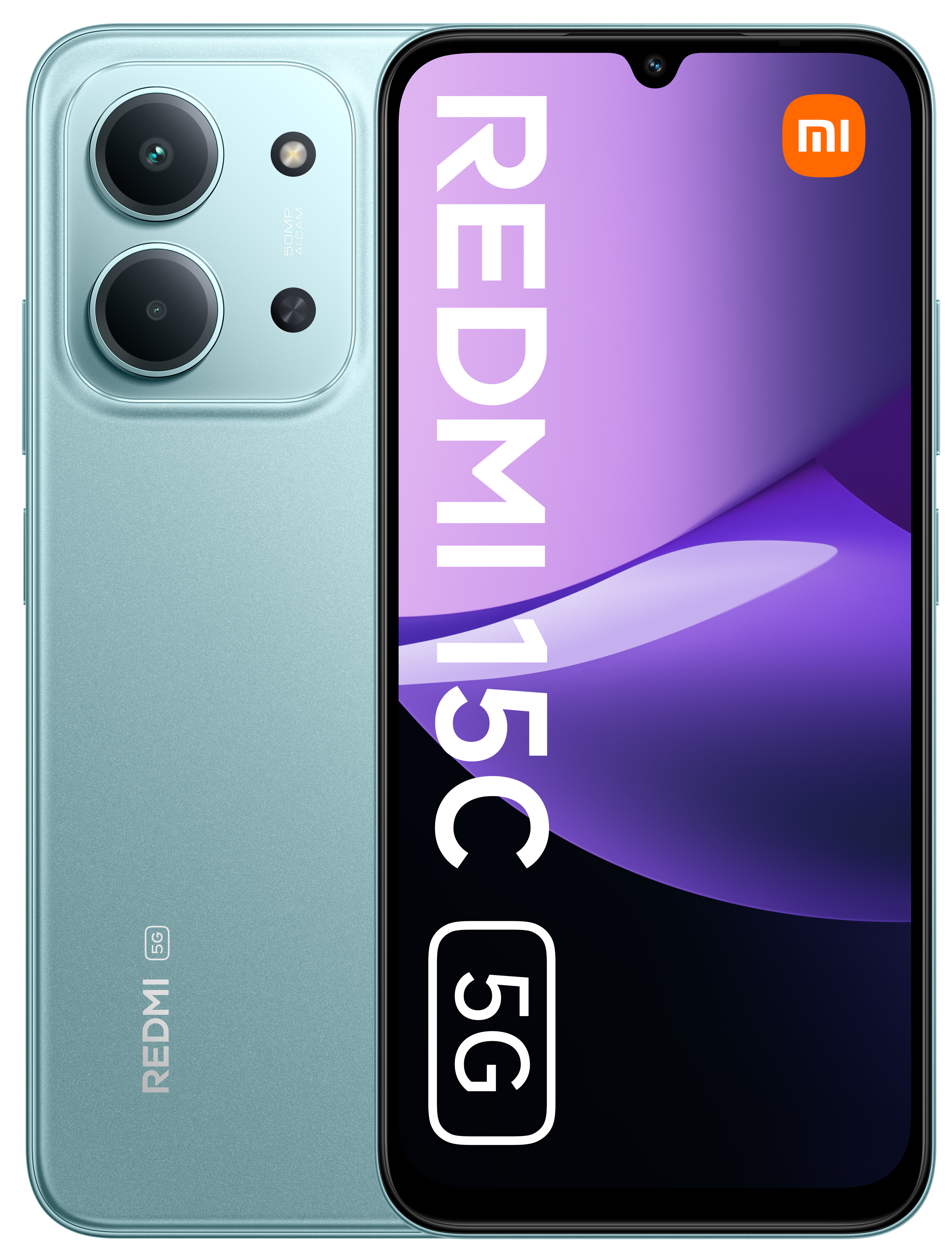Turkusowy smartfon. Ekran wyświetla 'REDMI 15C 5G'. Ma moduł aparatu i logo Xiaomi.