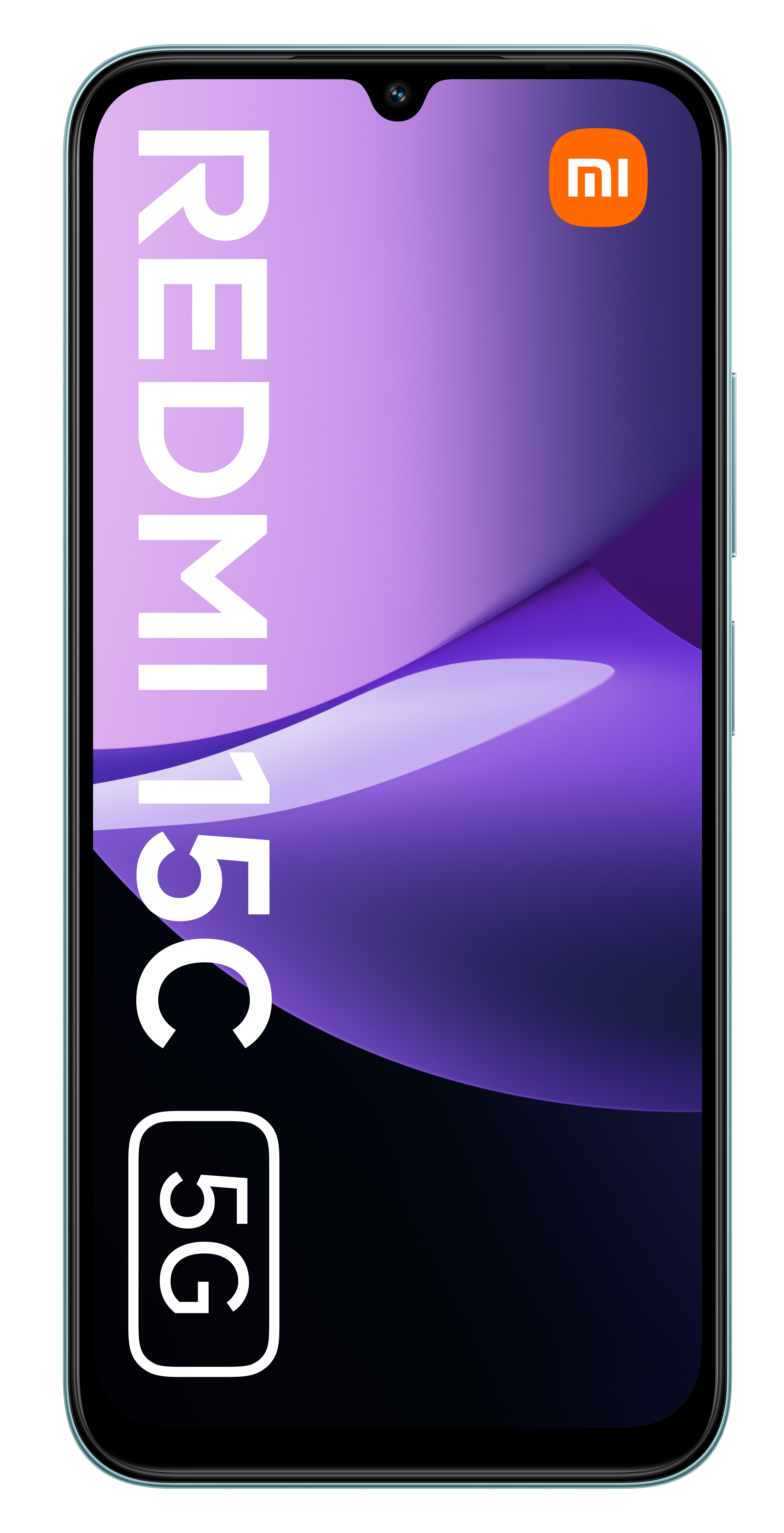 Smartfon Redmi 15C 5G. Wyświetlacz w kolorze fioletowym z logo 5G. Logo Xiaomi w prawym górnym rogu.