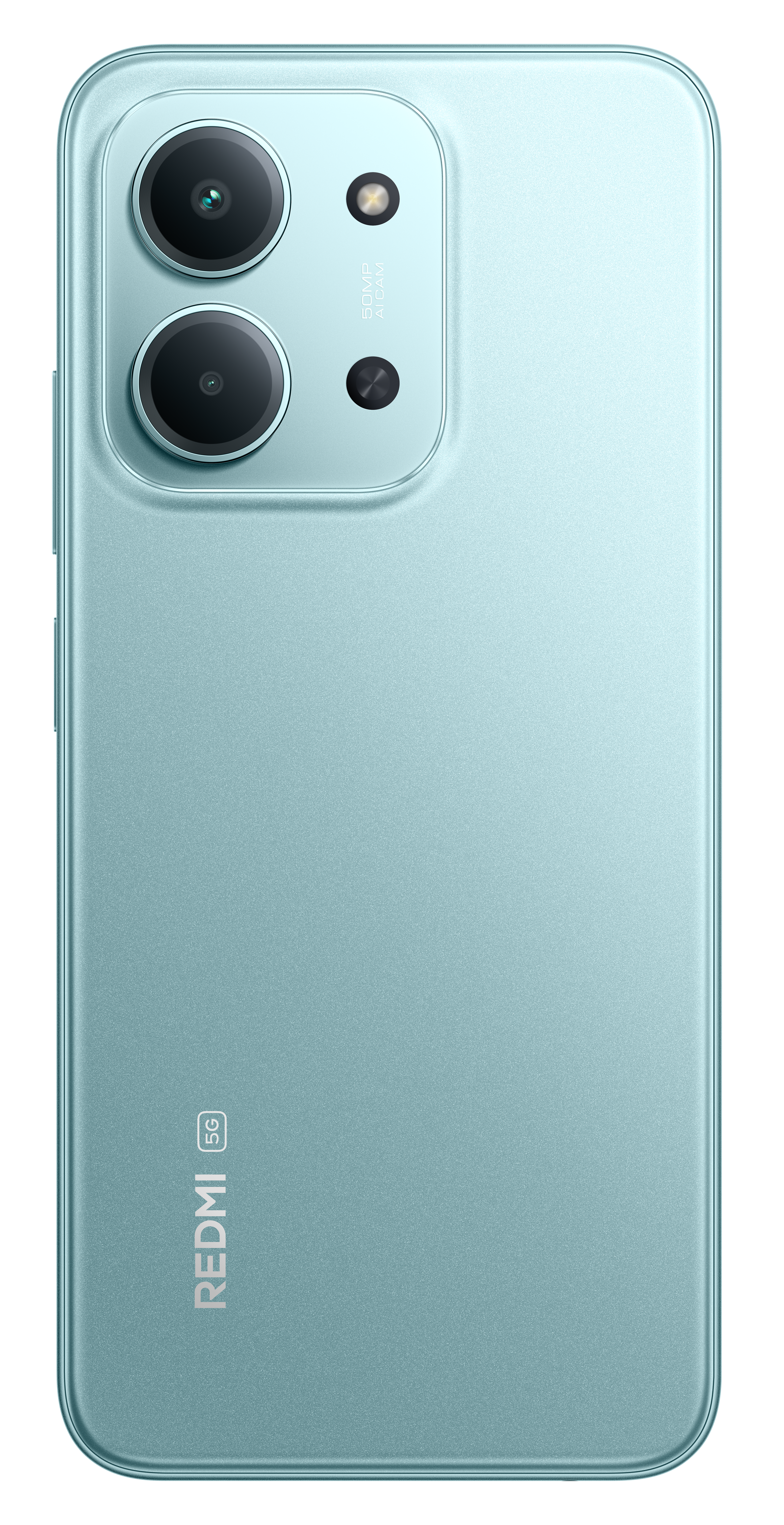 Tył turkusowego smartfona z dwoma obiektywami aparatu, lampą błyskową i logo Redmi. Telefon obsługuje 5G i ma gładkie wykończenie.