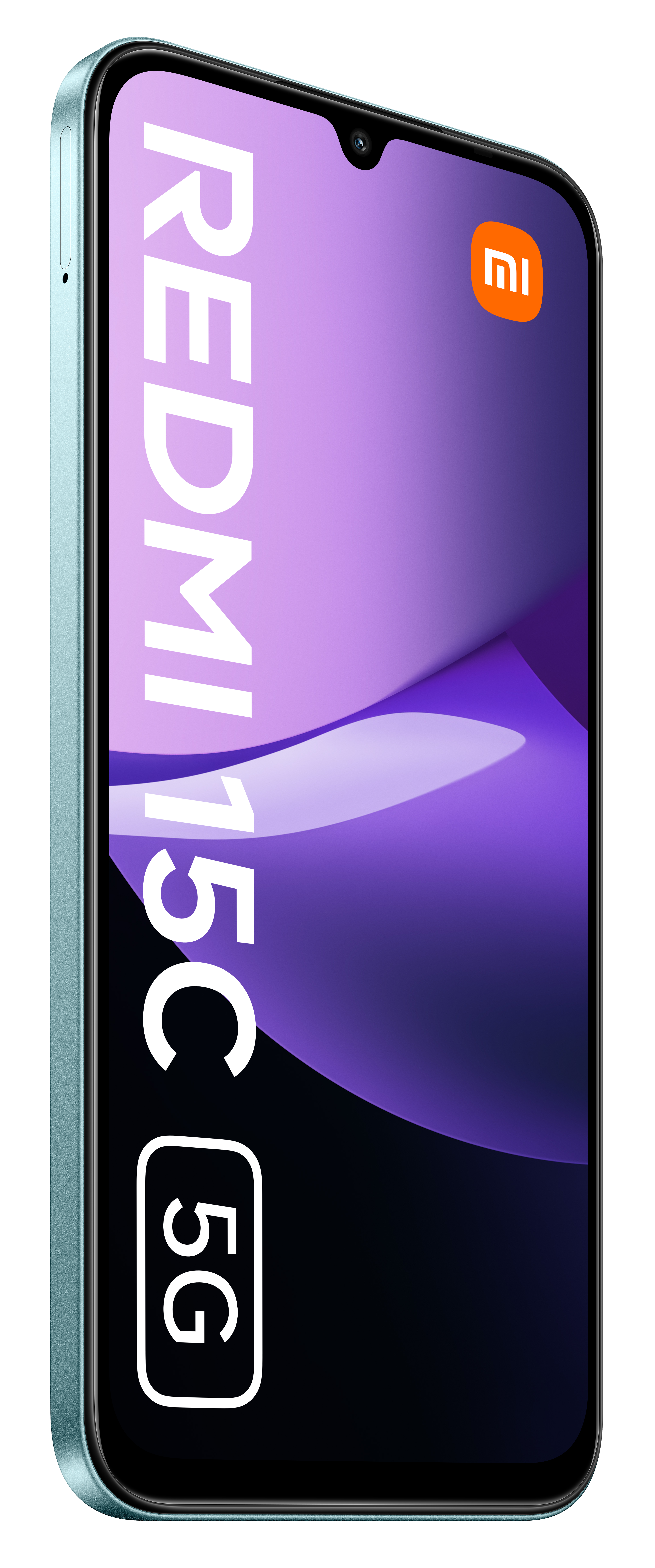 Smartfon Redmi 15C 5G. Ma niebieską ramkę, fioletowy ekran z logo Redmi i białą etykietę '5G'.