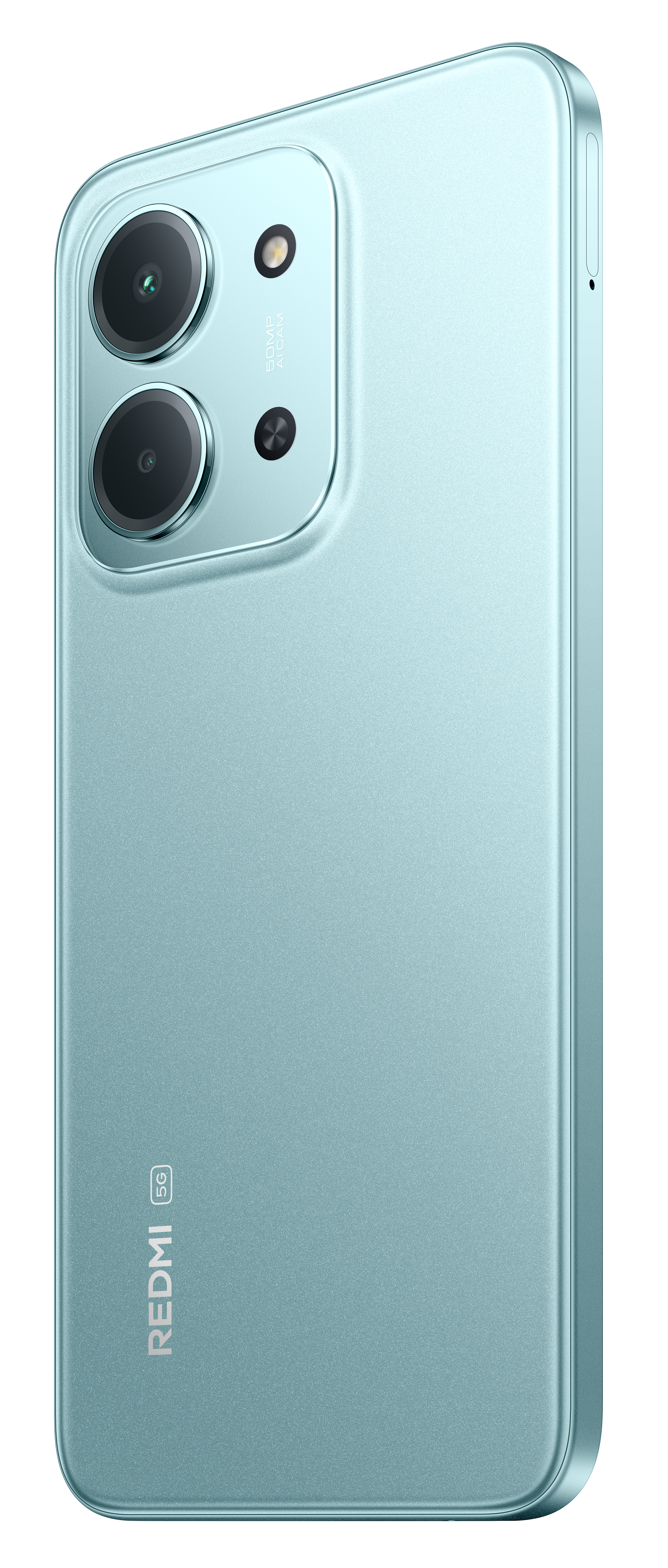 Miętowo-zielony smartfon, Redmi 5G, z modułem aparatu z trzema obiektywami. Telefon jest na białym tle.